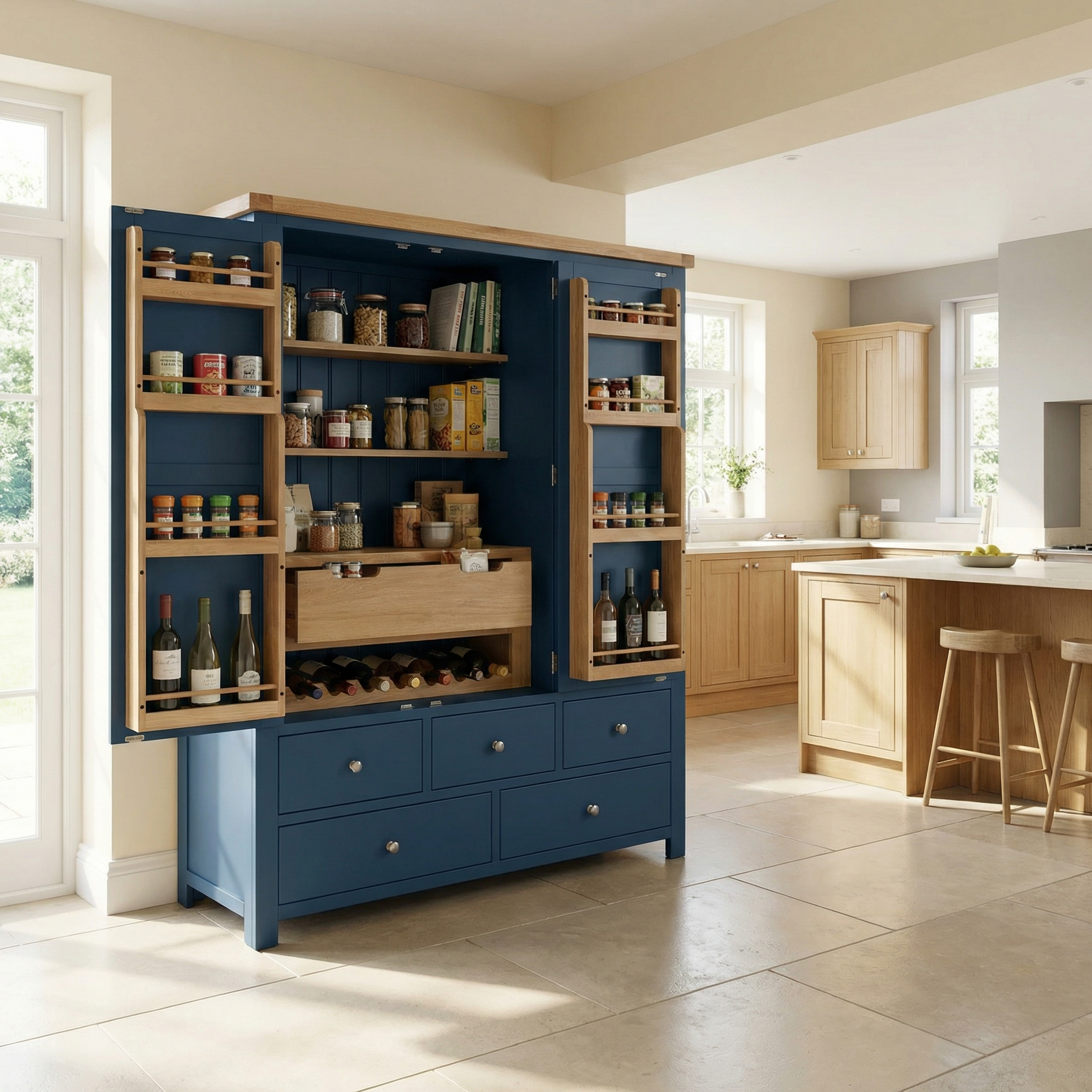 The Burford Triple Larder Unit in Navy Blue features an elegant oak top and open doors, displaying shelves filled with jars, bottles, and dry goods—a stunning kitchen cabinet addition.