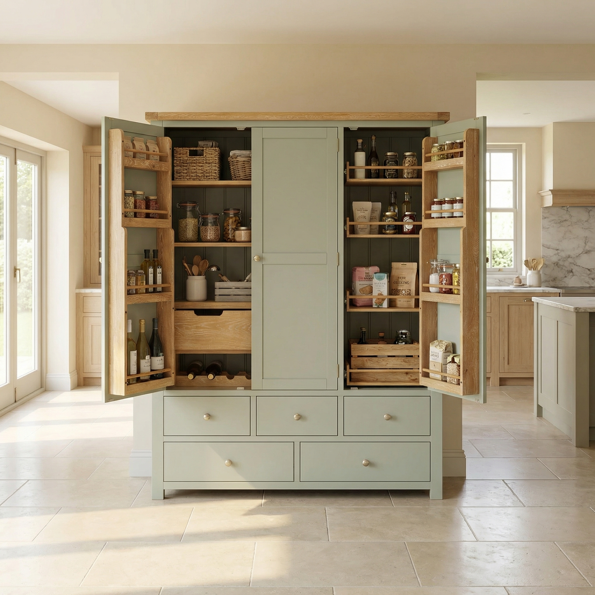 Open kitchen pantry with jars, baskets, and shelves in a bright, modern space featuring the Burford Triple Larder Unit in Sage Green.