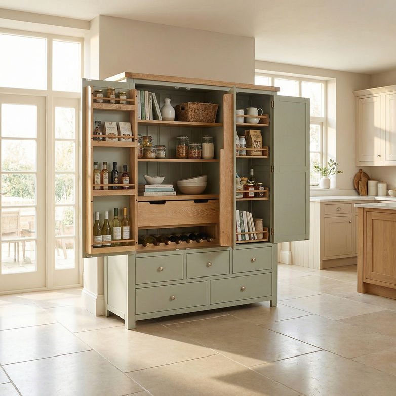 Open doors on the Burford Triple Larder Unit in Sage Green (Ex Display) reveal jars, bottles, books, kitchen storage, and a wine rack—combining style and practicality for your home.