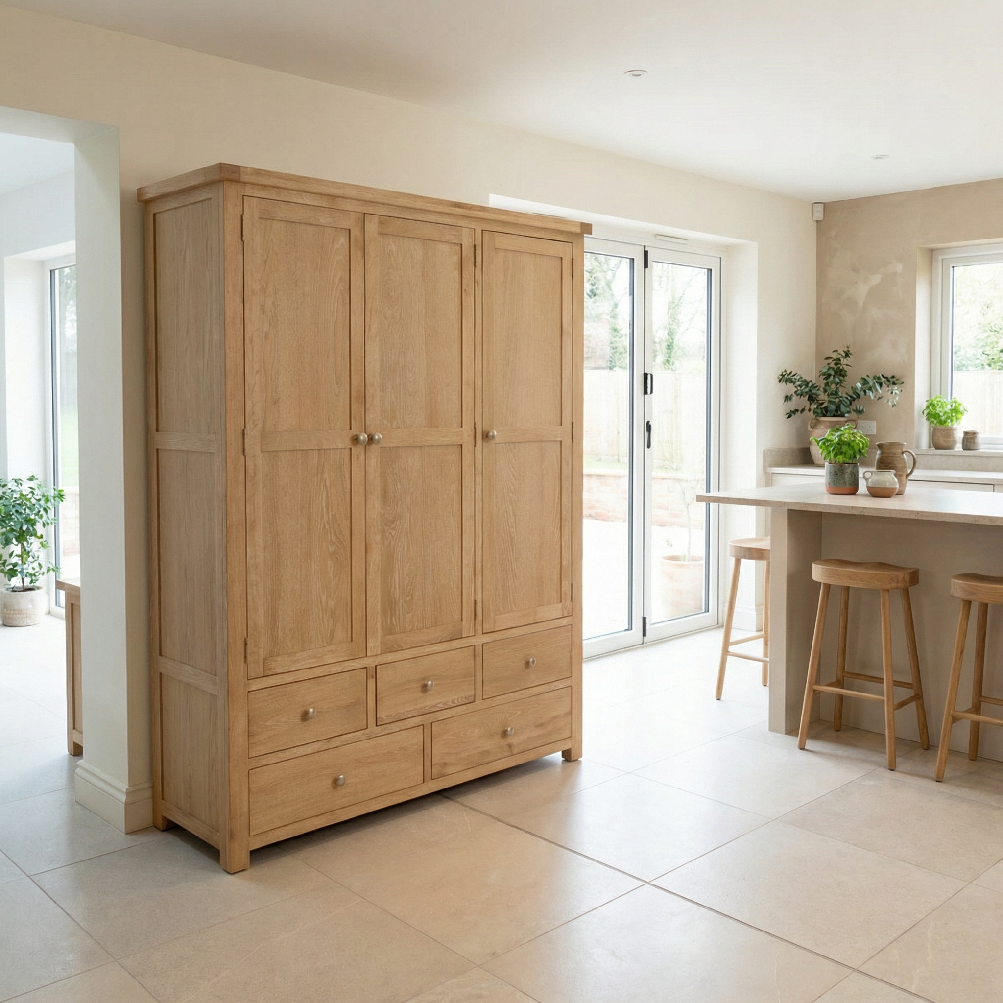 The Burford Triple Larder Unit in Natural Oak stands in a bright, modern kitchen with a tiled floor and bar stools, offering spacious wooden storage with drawers.