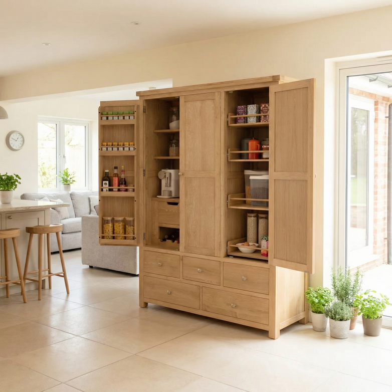 The Burford Triple Larder Unit in Natural Oak features open doors, shelves with jars and containers, and sits beside potted plants.