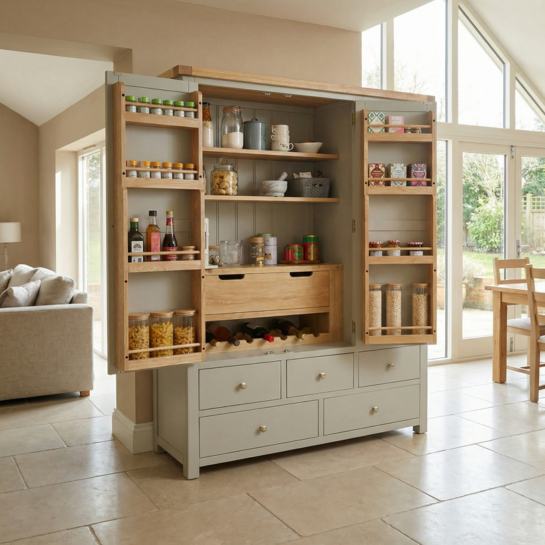A neatly organized kitchen pantry with jars, bottles, and food items on shelves and drawers inside the spacious Burford Triple Larder Unit in Pebble Grey for optimal storage.