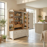 Spacious, sunlit kitchen featuring the Burford Triple Larder Unit in Warm White—perfect for stylish, adaptable storage with jars, bottles, and baskets on display.