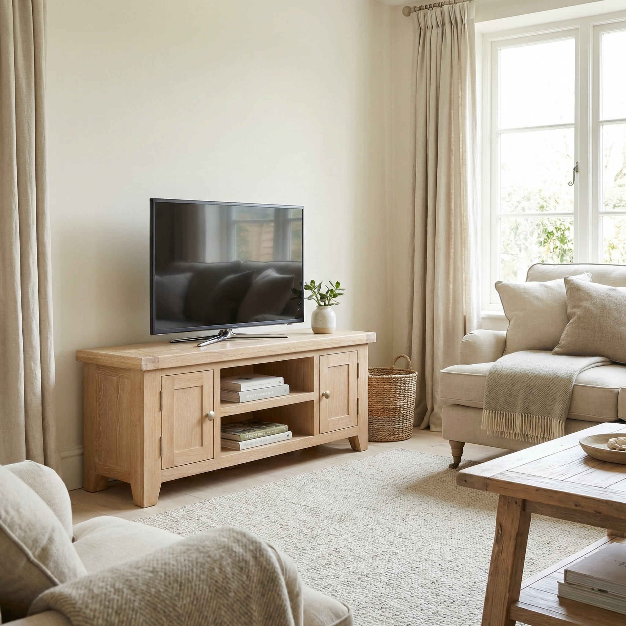 Bright living room with neutral tones, a comfy sofa, a large window that fills the space with natural light, and the Burford 120cm Media Unit in Natural Oak as a rustic TV stand.