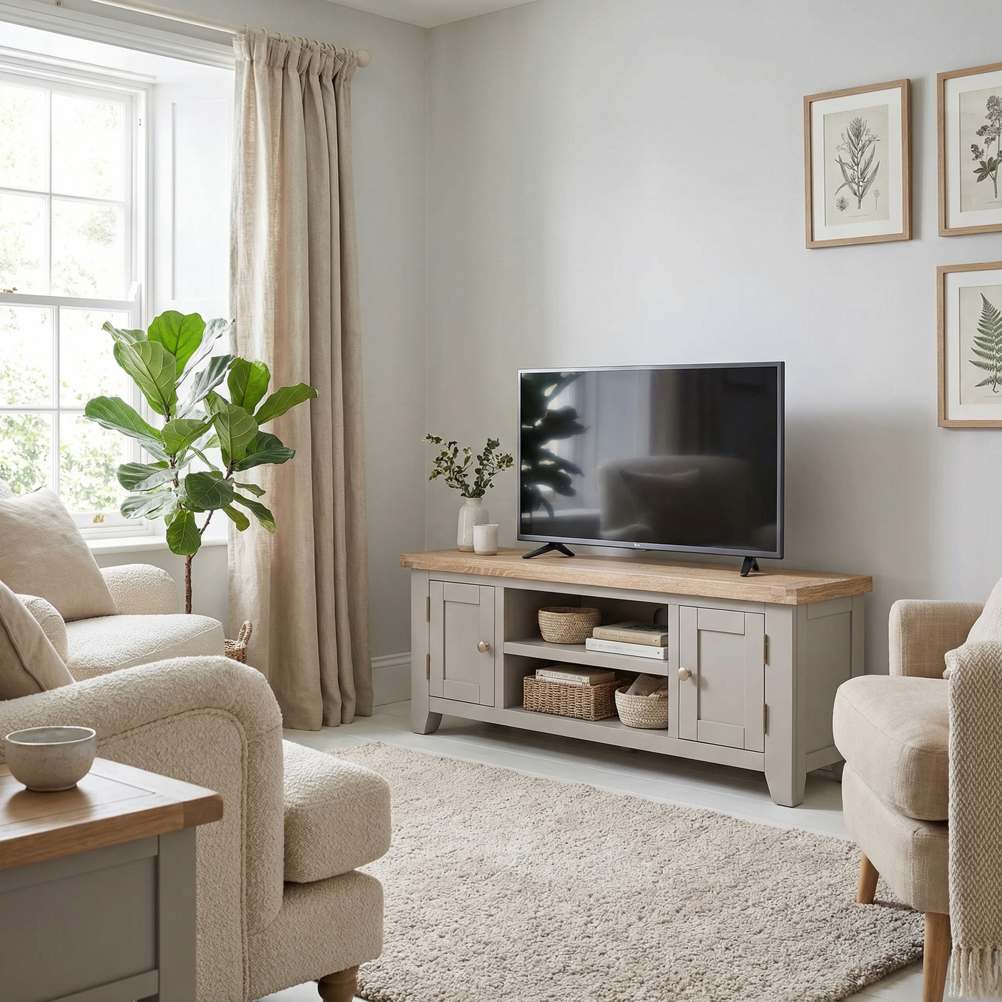 Bright living room with a TV on the Burford 120cm Media Unit in Pebble Grey, beige furniture, a plant, and framed art on the wall.