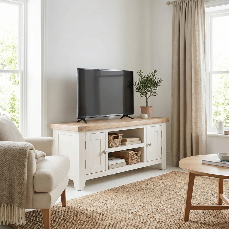 Bright living room with a TV on the Burford 120cm Media Unit in Warm White, featuring warm white cabinets and a white-washed oak top, paired with a beige armchair and a round wooden coffee table.
