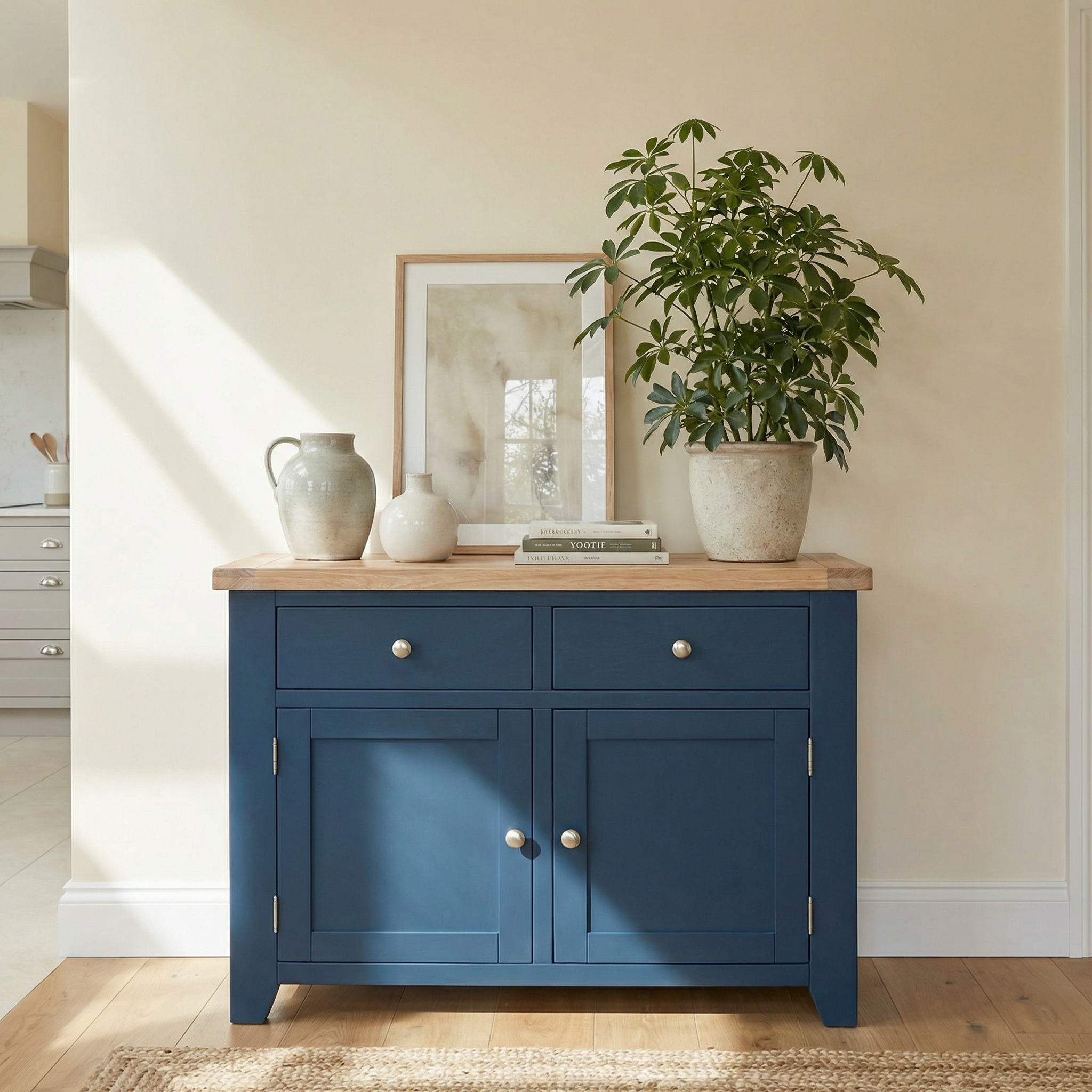 The Burford 2 Door 2 Drawers Sideboard in Navy Blue is styled with drawers, a potted plant, framed art, and ceramic jugs against a cream wall.