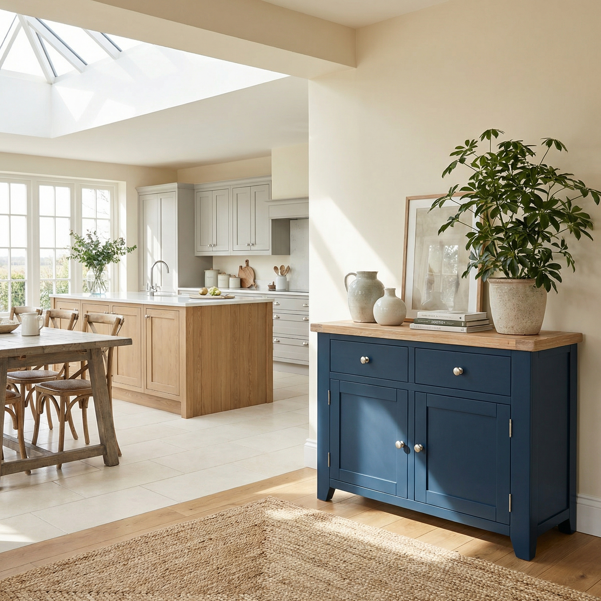 Bright kitchen with a Burford 2 Door 2 Drawers Sideboard in Navy Blue, a potted plant, wooden dining table, and large windows.