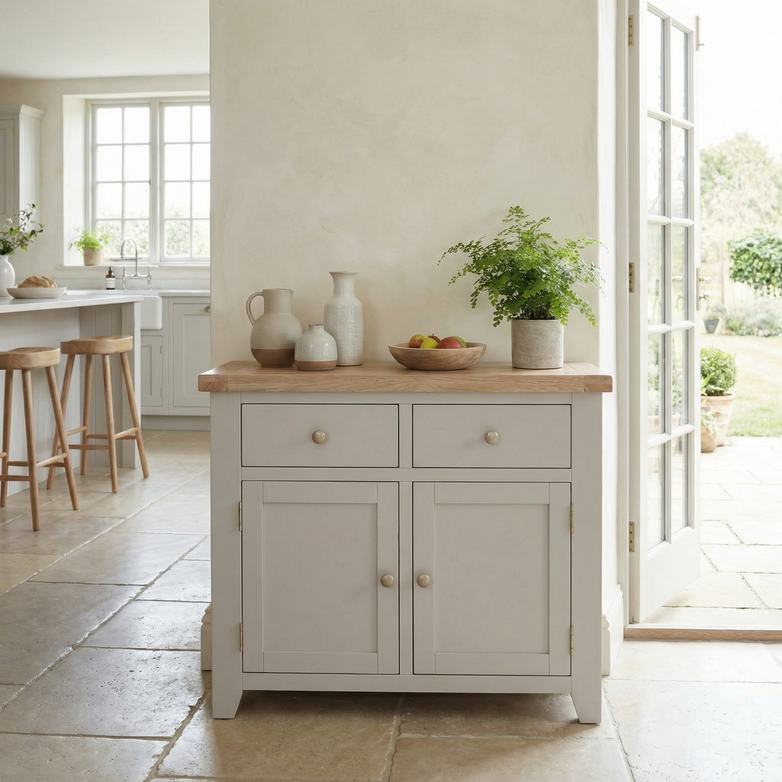 The Burford 2 Door 2 Drawers Sideboard in Pebble Grey, styled with decor and a plant, stands in a bright kitchen featuring open doors leading to a garden.