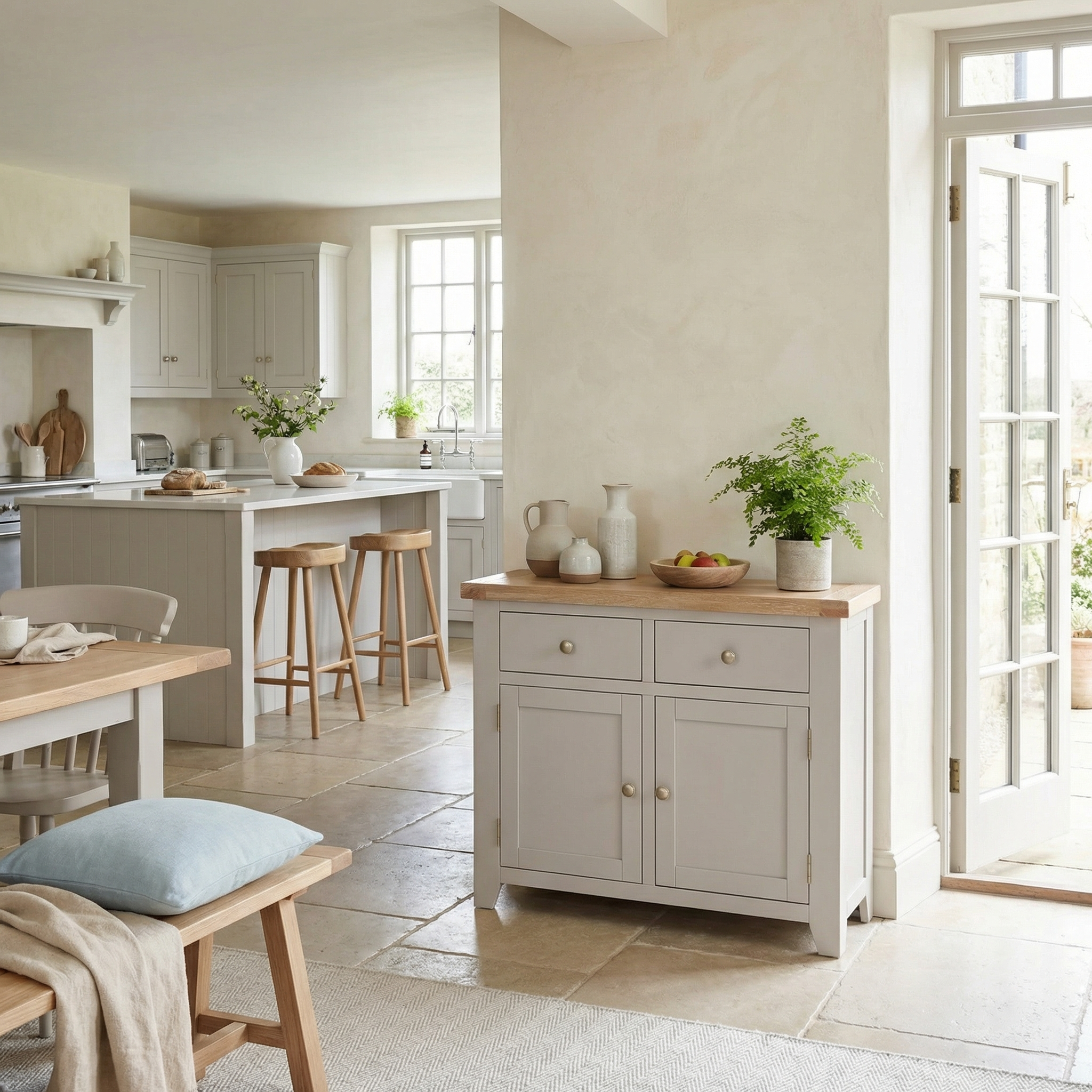 Bright, airy kitchen with white cabinets, wooden stools, and a small plant by open French doors features the Burford 2 Door 2 Drawers Sideboard in Pebble Grey for stylish extra storage.