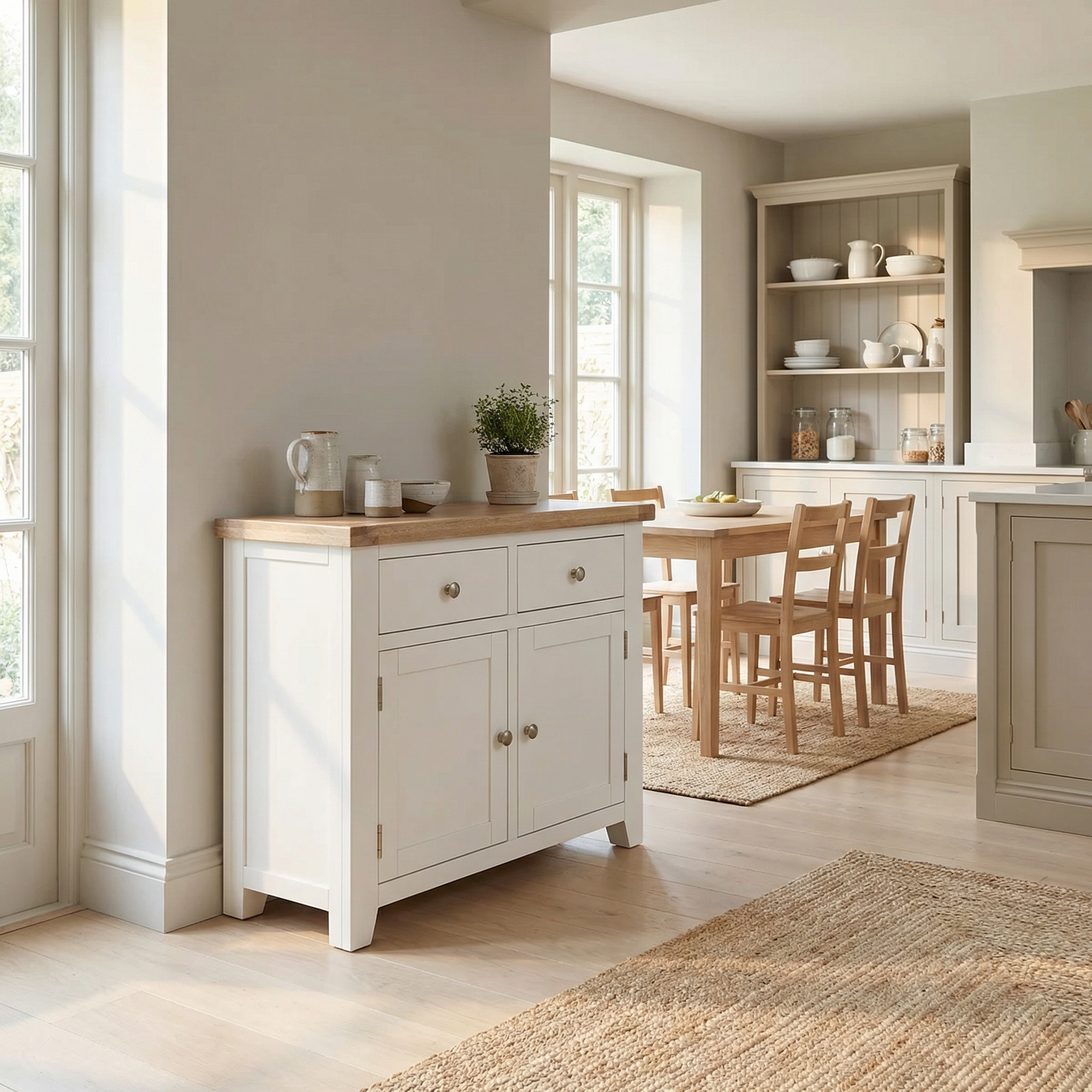 Bright, modern kitchen with white cabinets, a Burford 2 Door 2 Drawers Sideboard in Warm White, wood countertops, dining table, and large windows letting in sunlight.