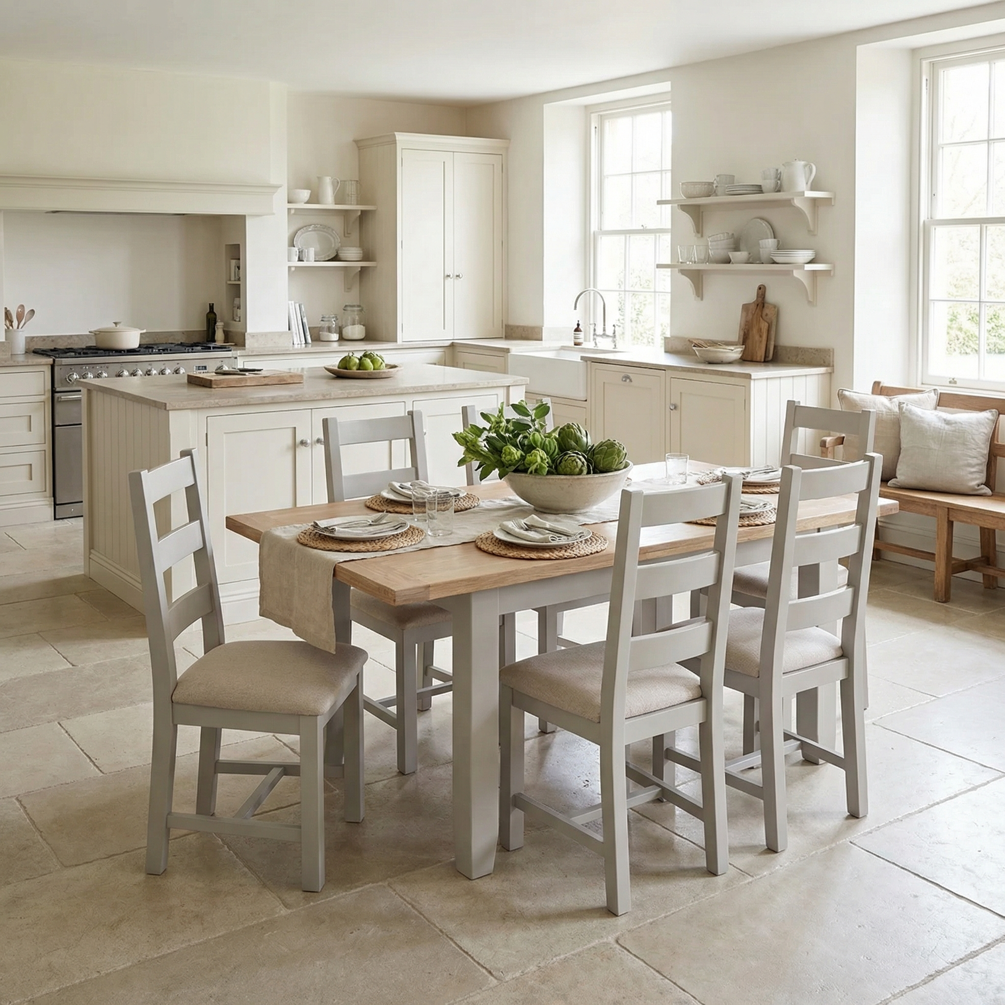 Bright, modern farmhouse kitchen featuring the Burford 6 Seat Extending Dining Set in Pebble Grey, paired with neutral decor accents.