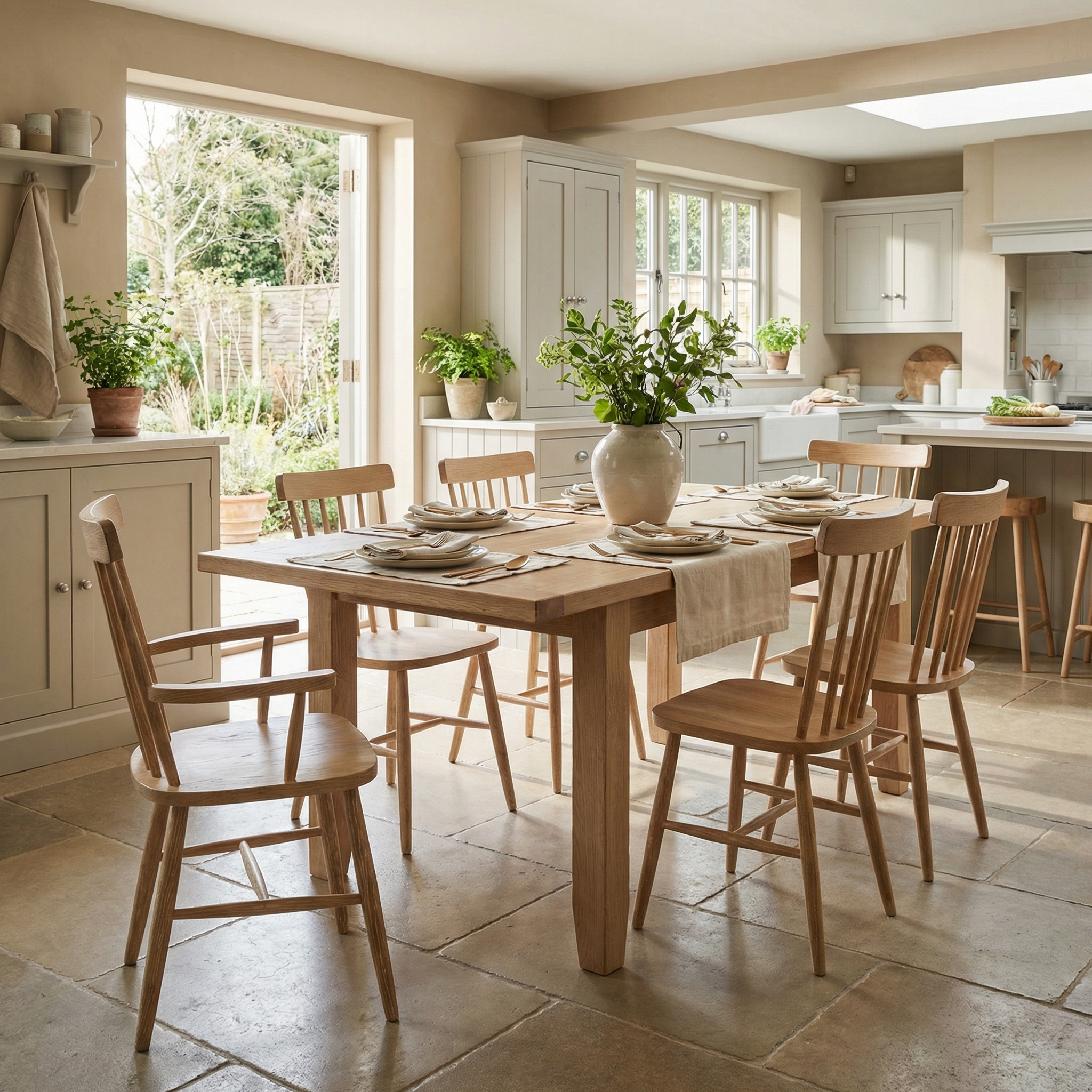 A bright kitchen features the Burford 6 Seat Extending Dining Set with Spindleback Dining and Armchairs in Natural Oak, set for a meal. Large windows fill the space with natural light while plants serve as a fresh centerpiece.
