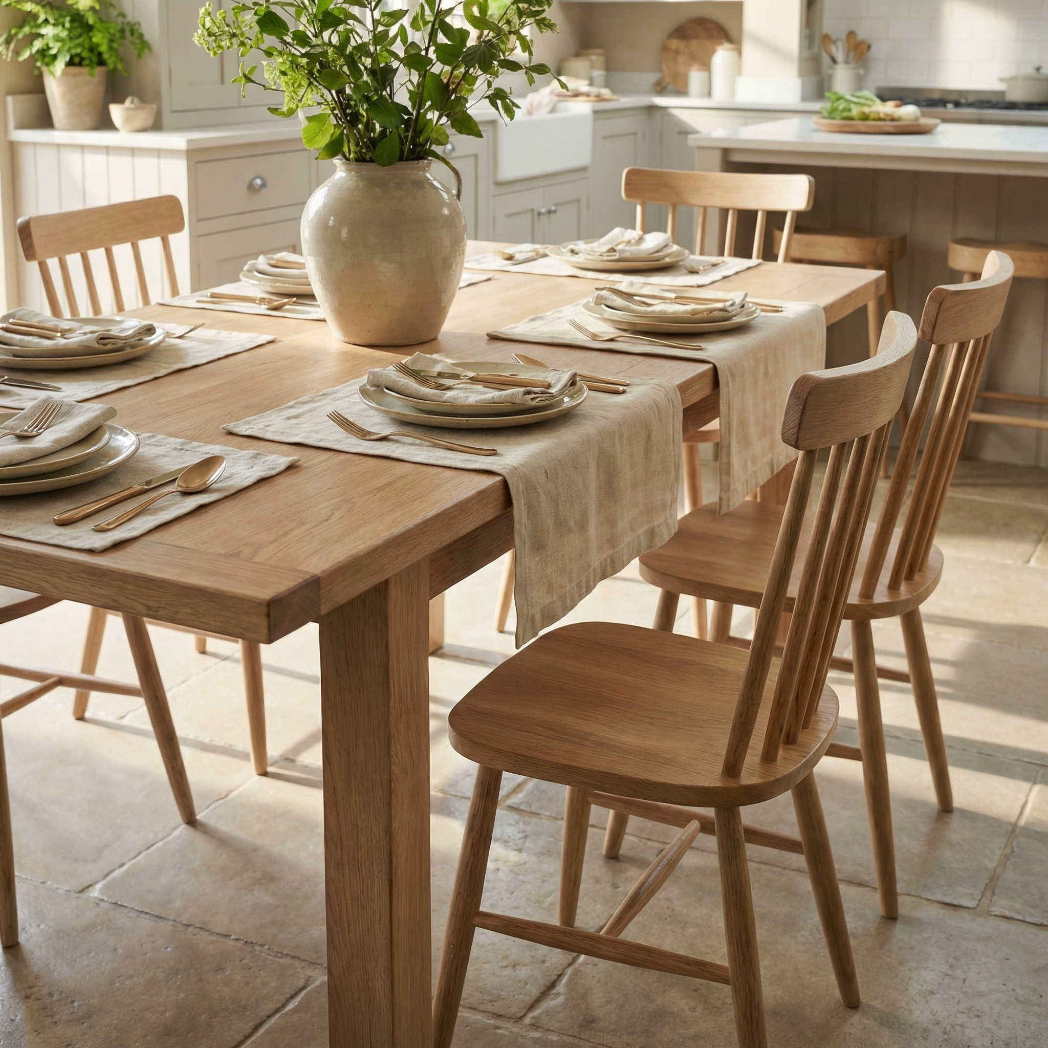 The Burford 6 Seat Extending Dining Set with Spindleback Dining and Armchairs in Natural Oak is shown with neutral tableware and a vase of green foliage in a bright kitchen.