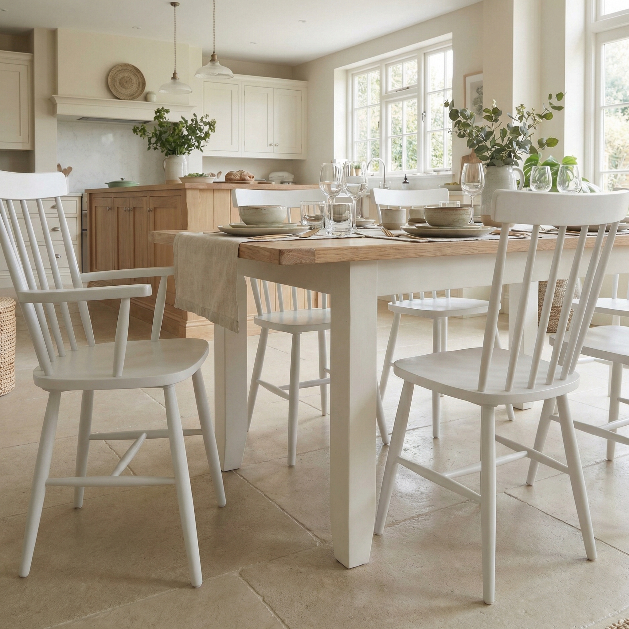 A bright, airy kitchen with the Burford 6 Seat Extending Dining Set featuring spindleback dining and armchairs in warm white, illuminated by natural light from large windows.