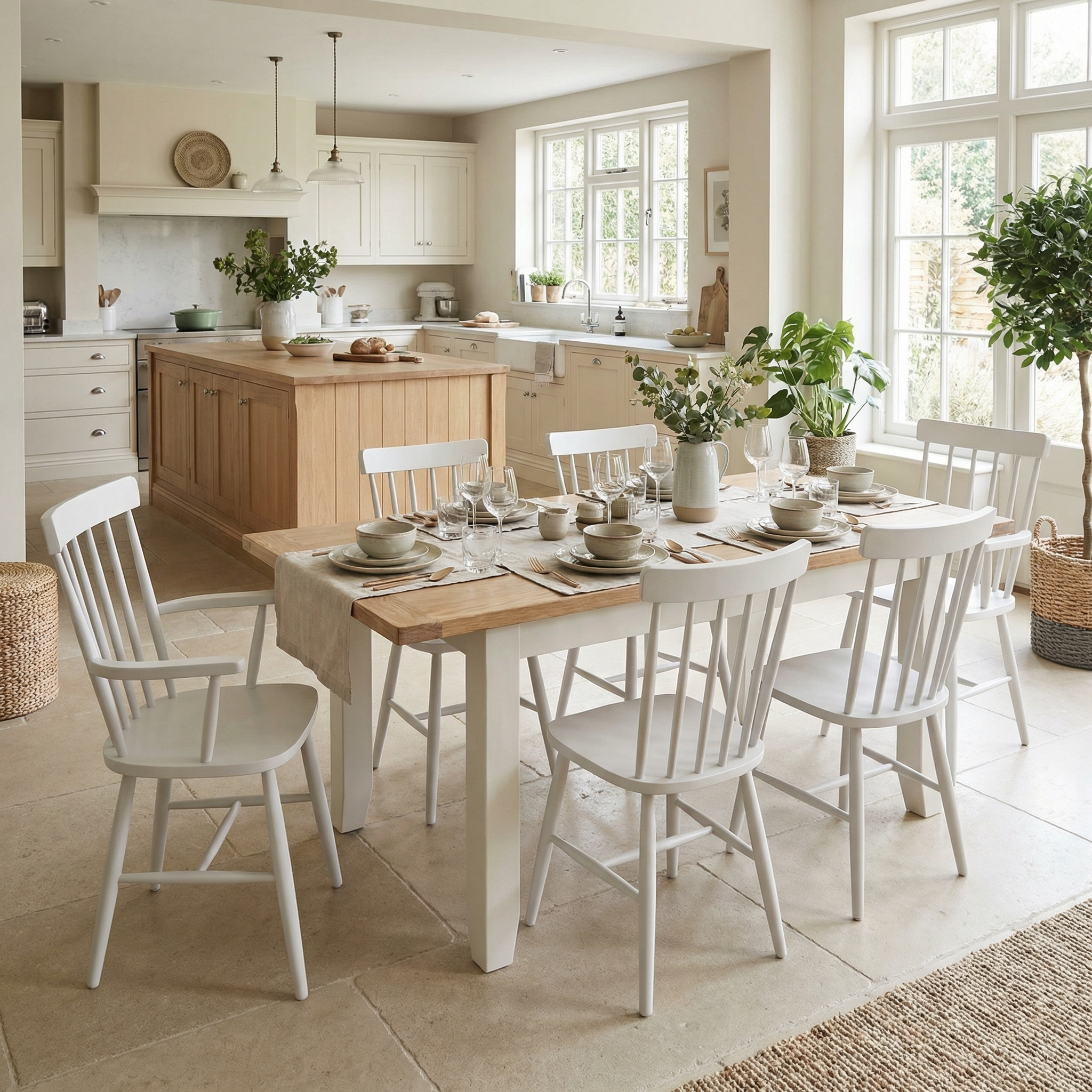 Bright kitchen and dining room featuring the Burford 6 Seat Extending Dining Set with Warm White Spindleback Dining and Armchairs, a wooden table, and potted plants by sunlit windows.