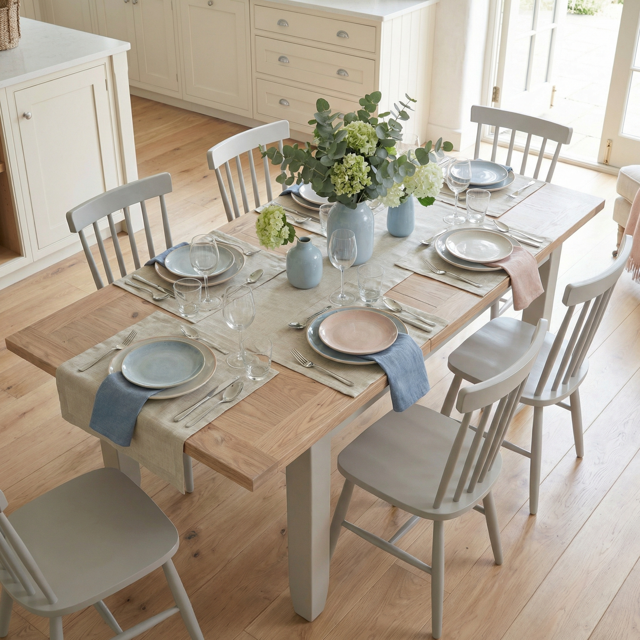 Burford 6 Seat Extending Dining Set with Spindleback Chair in Pebble Grey