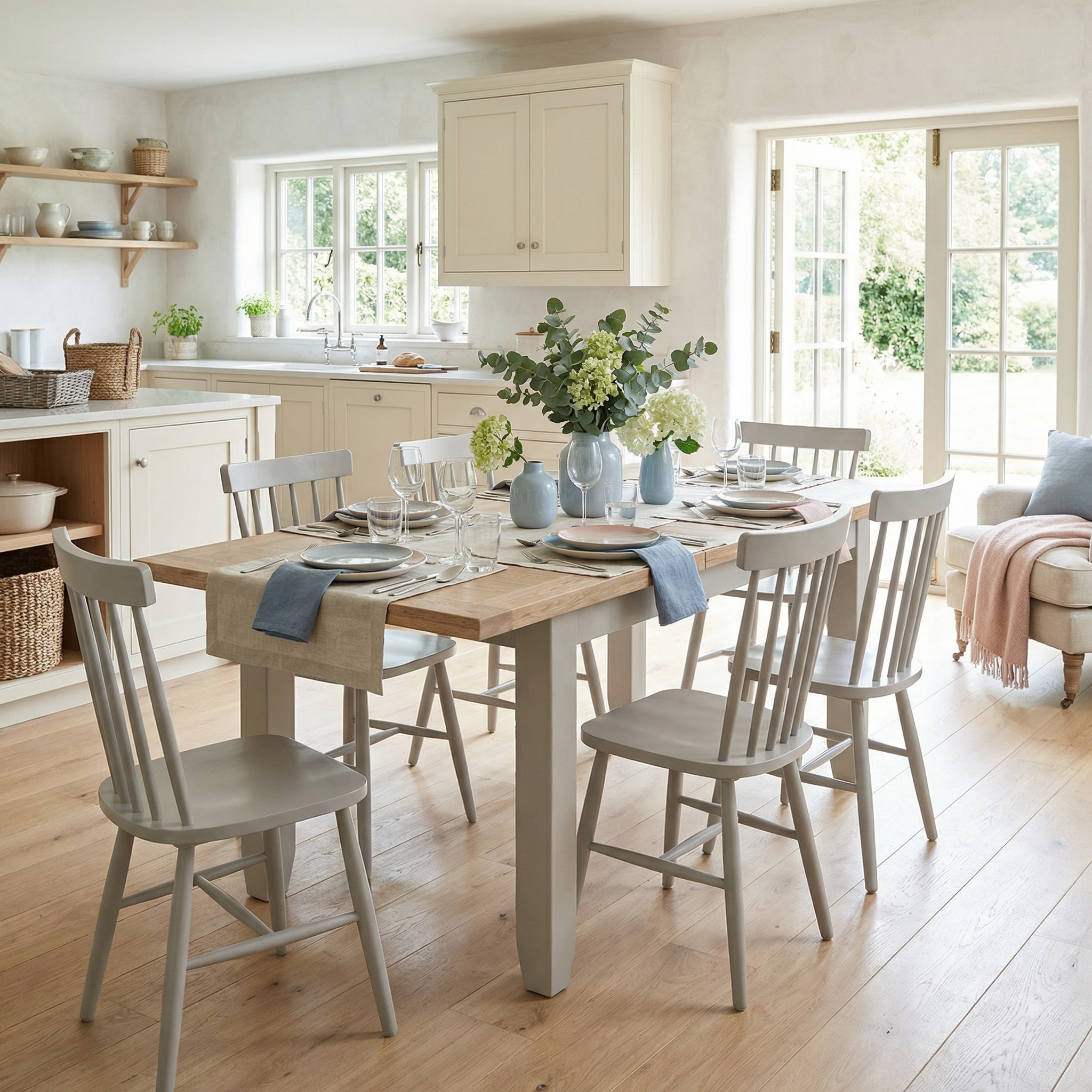 Bright kitchen with a country style, featuring the Burford 6 Seat Extending Dining Set and Spindleback Dining Chairs in Pebble Grey, arranged for six, with flowers and sunlight streaming in.