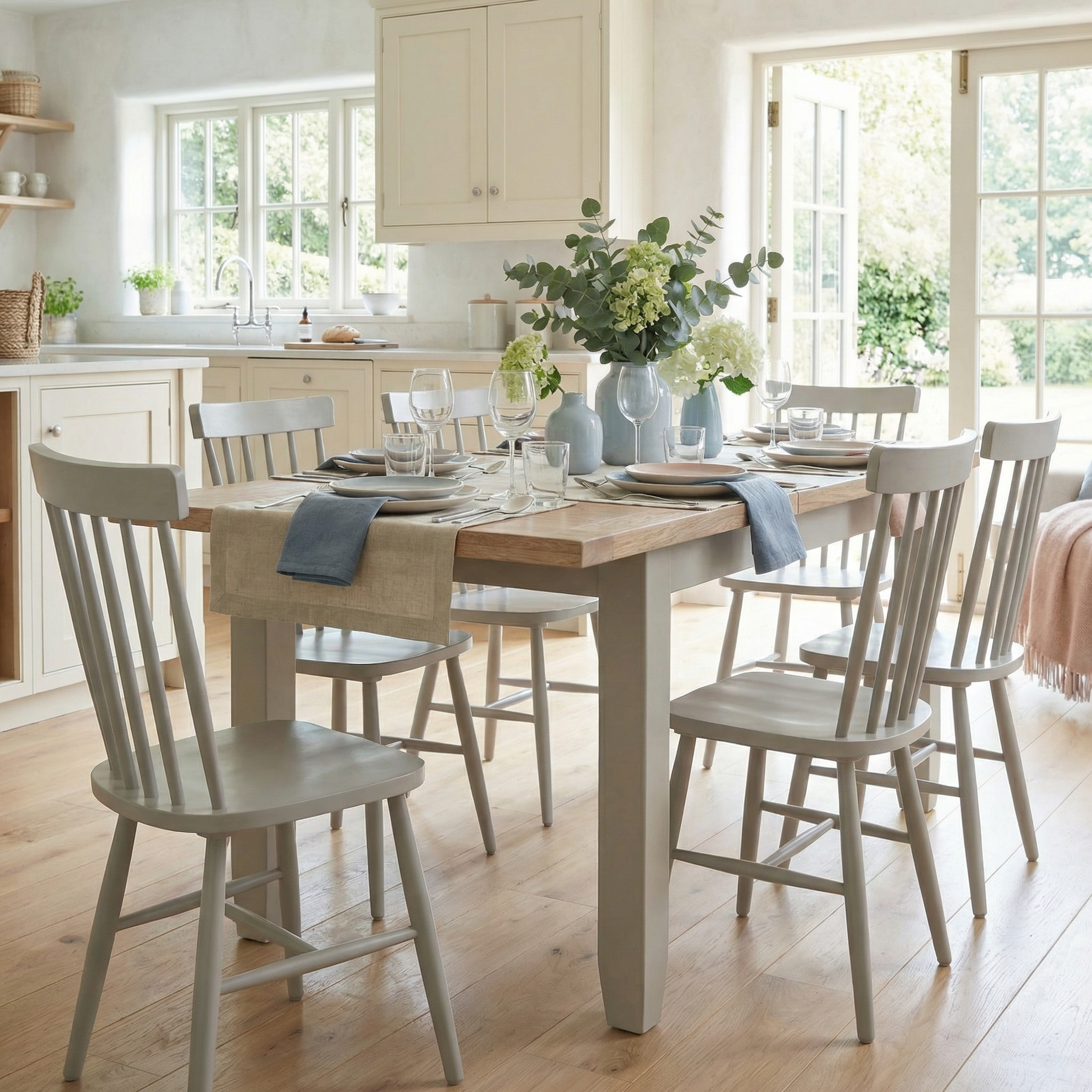 A bright dining room featuring the Burford 6 Seat Extending Dining Set with Spindleback Dining Chair in Pebble Grey, fresh flowers, and large windows bathing the space in sunlight.