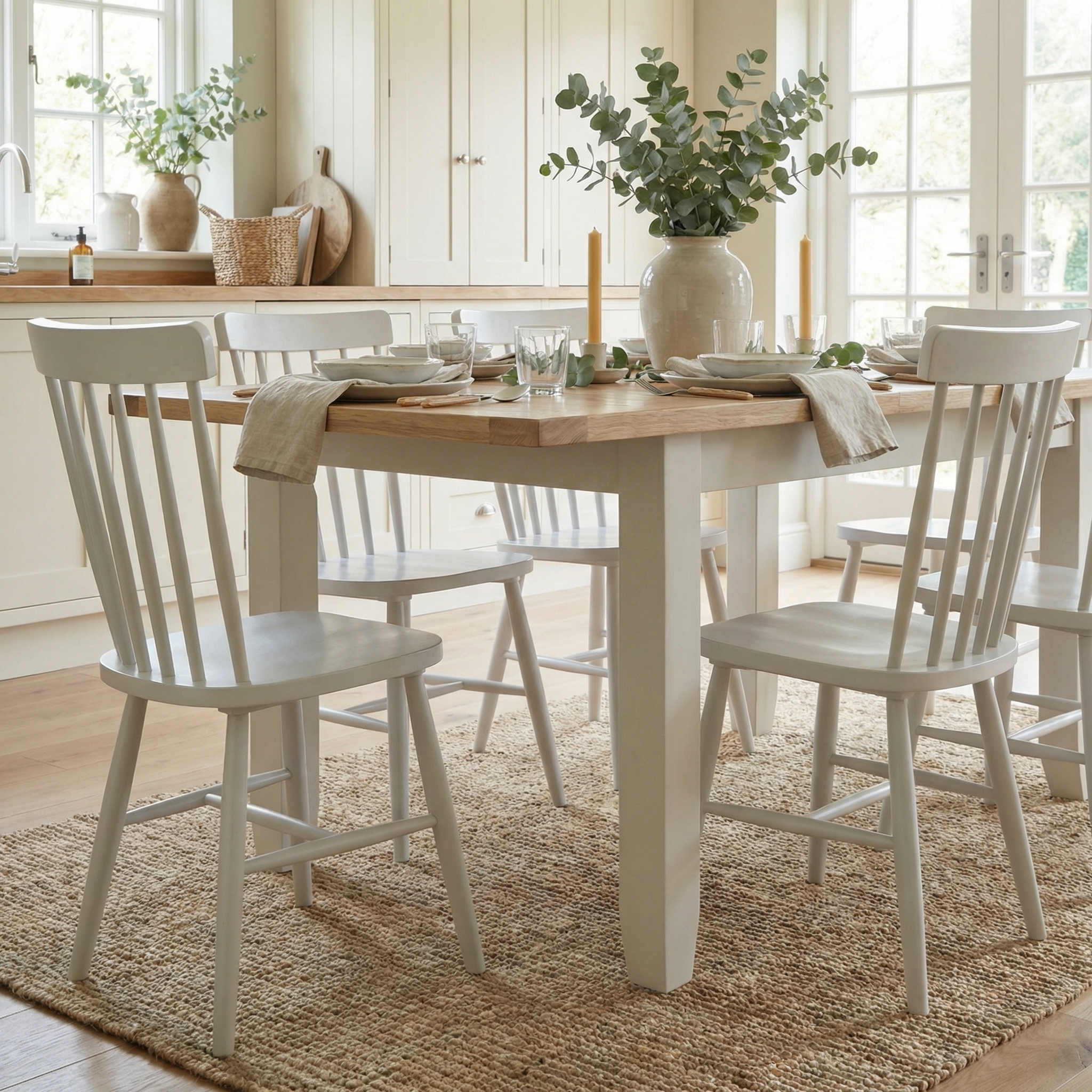 A light-filled kitchen with the Burford 6 Seat Extending Dining Set and Spindleback Dining Chairs in Warm White, a solid oak table, and a vase of greenery on a woven rug.