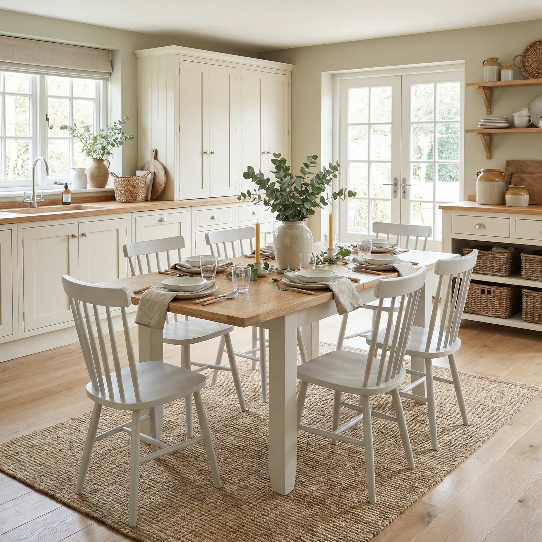 A bright kitchen showcases the Burford 6 Seat Extending Dining Set with Spindleback Dining Chair in Warm White, accented by neutral decor and greenery for a fresh, country-inspired dining space.