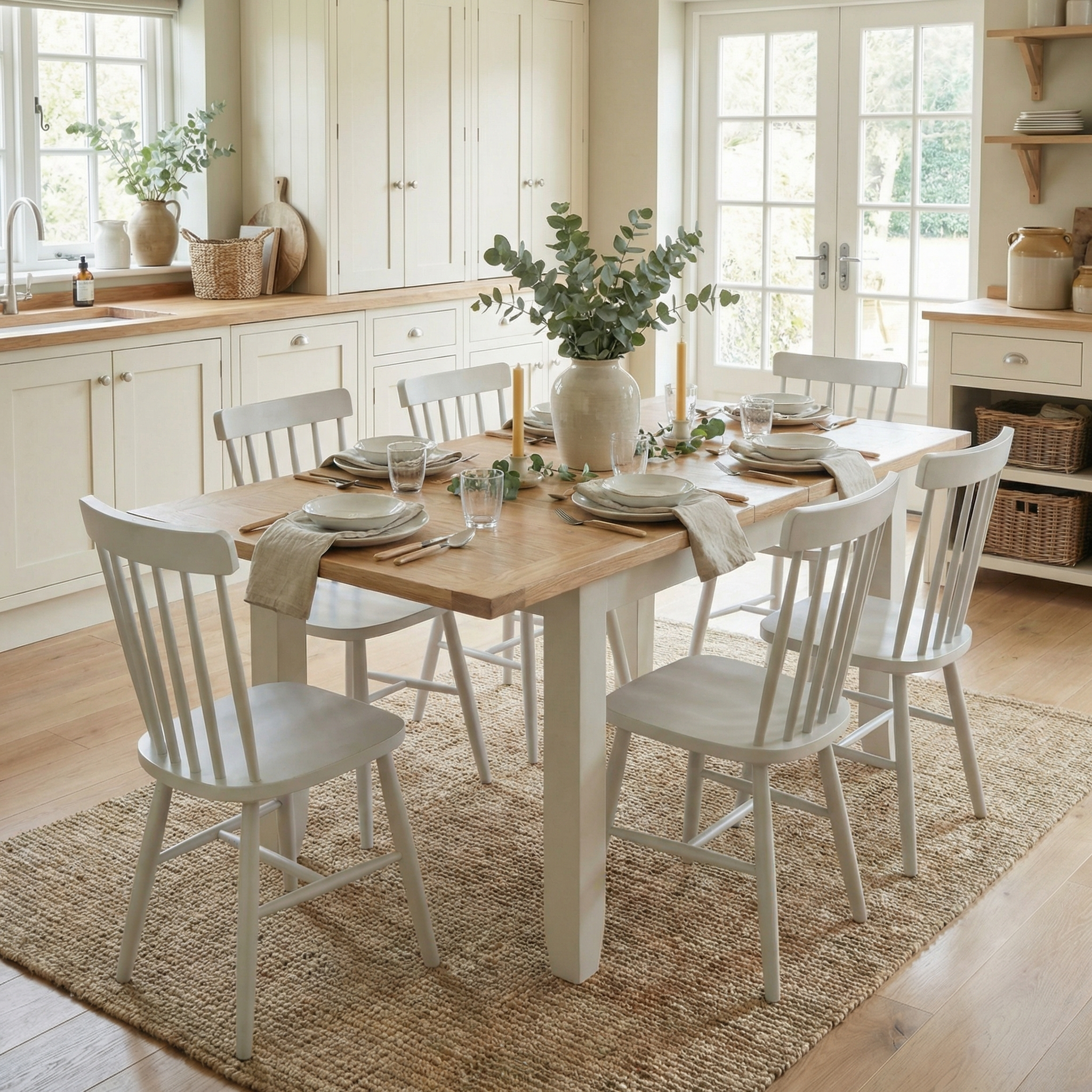 A bright, cozy kitchen featuring the Burford 6 Seat Extending Dining Set with Spindleback Dining Chairs in Warm White, arranged for six and accented by a vase of greenery as the centerpiece.