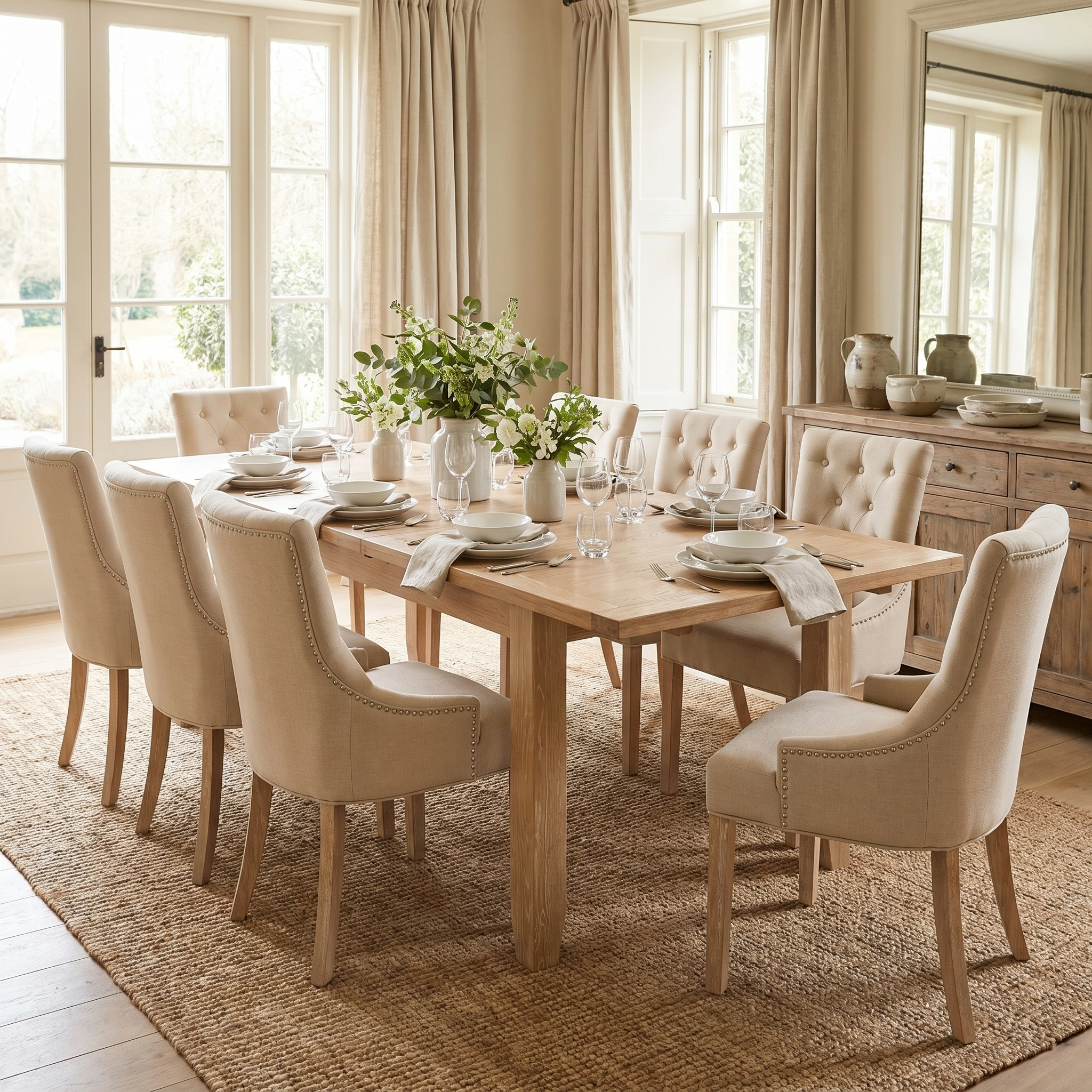 The Burford 8 Seat Extending Dining Set with Regent Chairs in Natural Oak and Beige features a light wood extendable table and upholstered chairs, perfect for dining with a floral centerpiece.