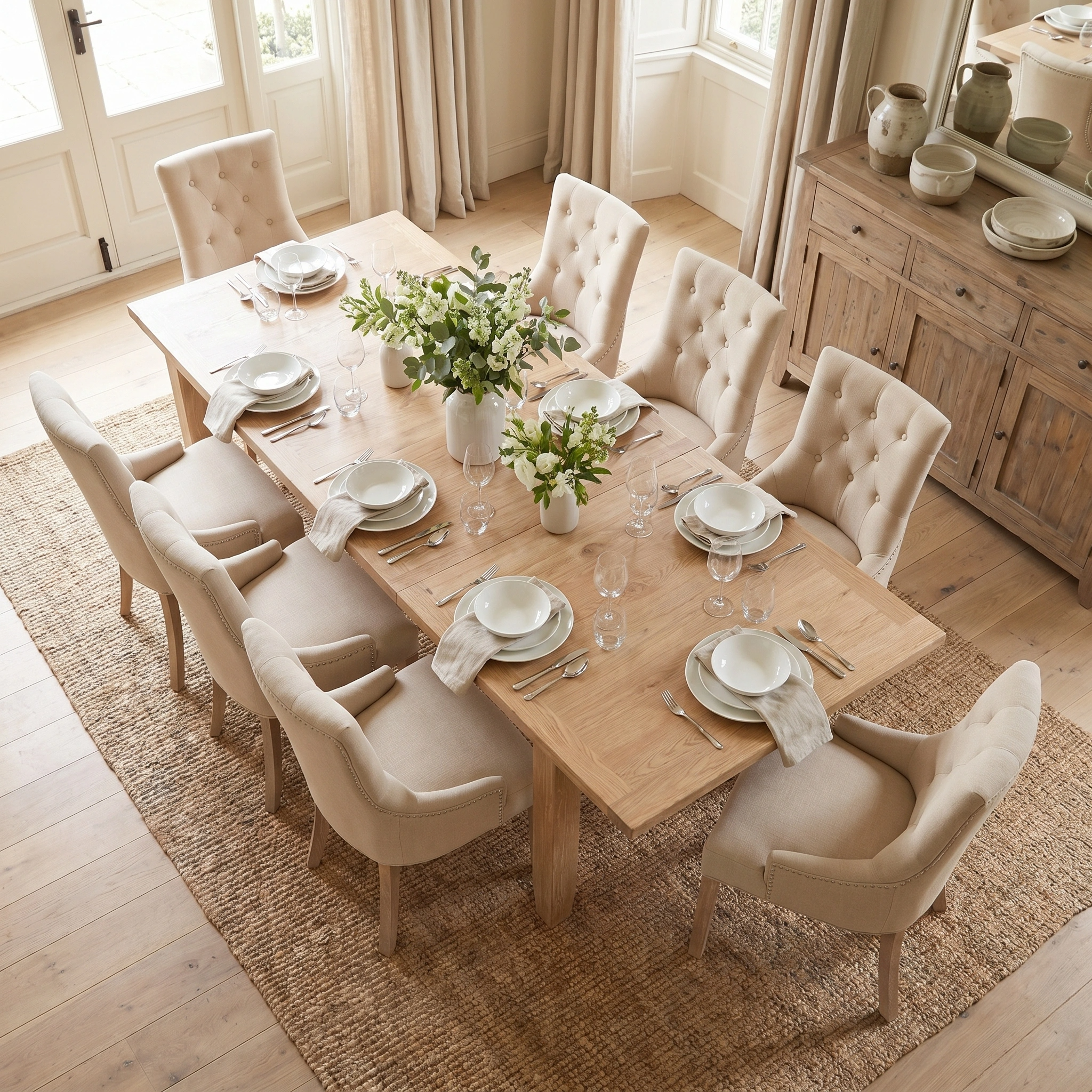 Elegant dining room with the Burford 8 Seat Extending Dining Set featuring Regent Chairs in natural oak and beige, white dishes, and floral centerpieces.