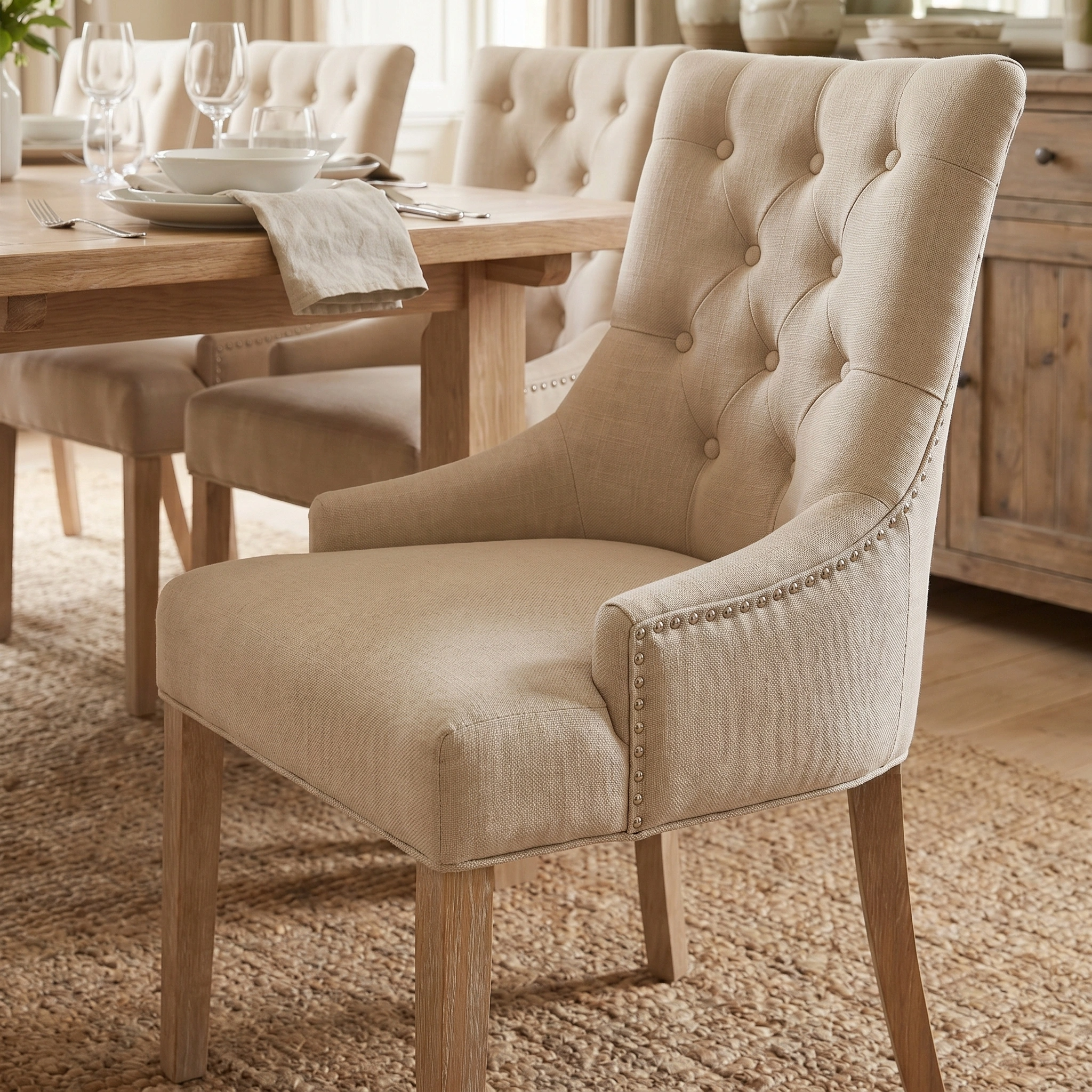 A beige upholstered Regent chair with tufted back sits beside the Burford 8 Seat Extending Dining Set in natural oak, an elegant table set for a meal.