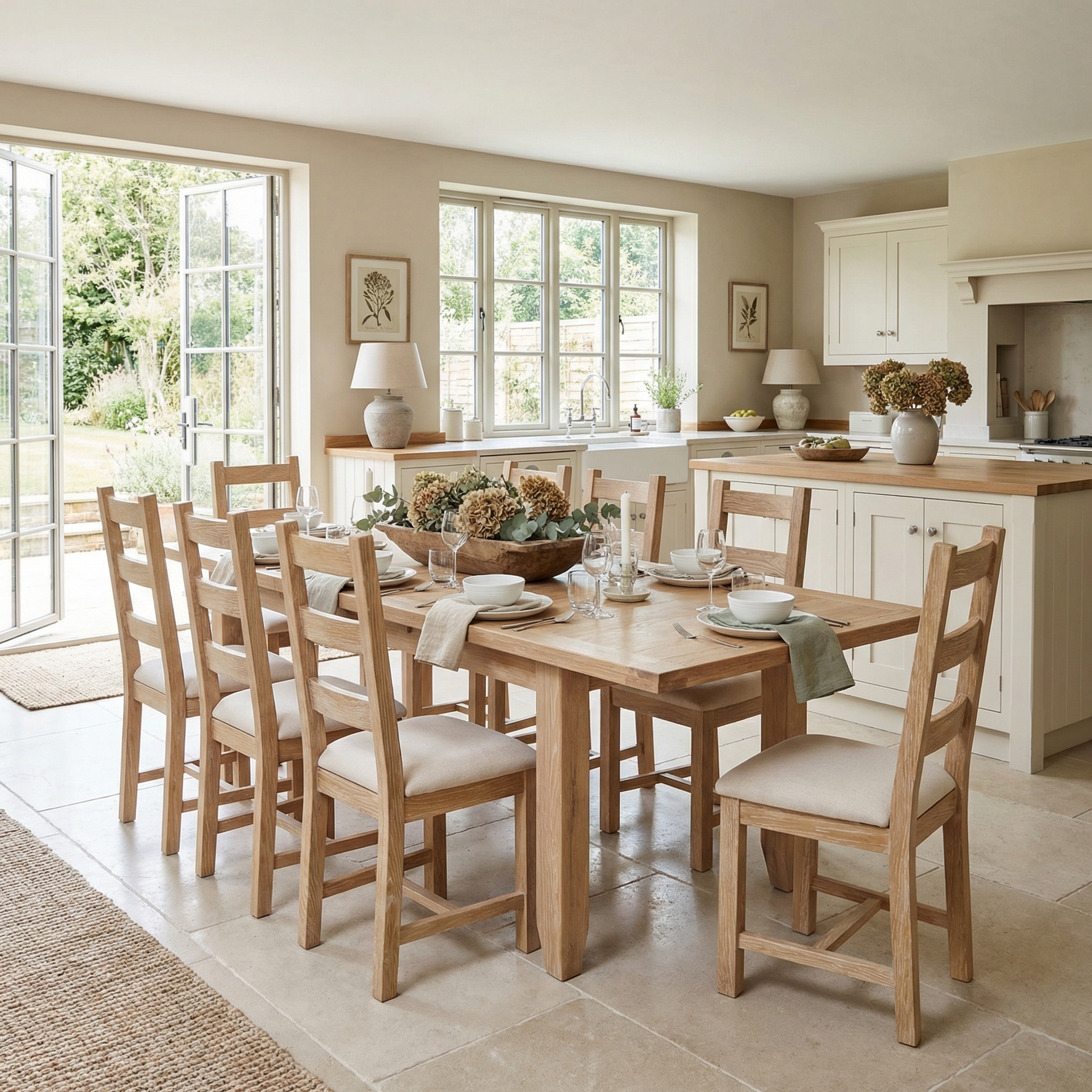 Bright kitchen and dining area with the Burford 8 Seat Extending Dining Set in Natural Oak, featuring an extendable table and large windows overlooking the garden.