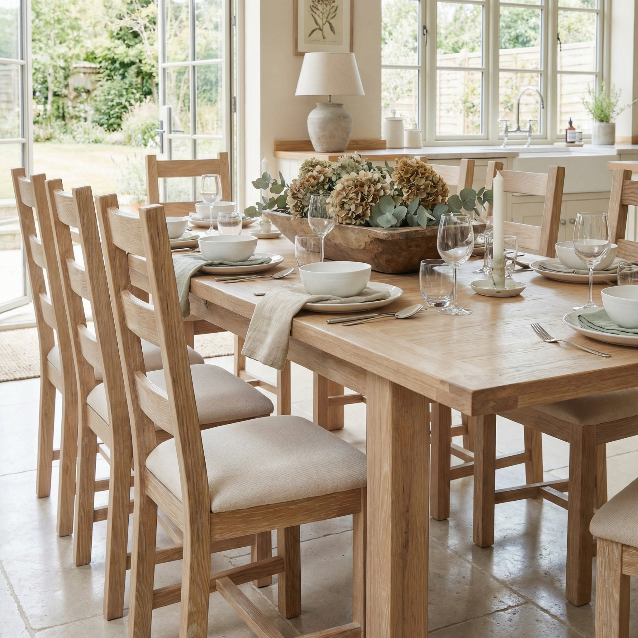 The Burford 8 Seat Extending Dining Set in Natural Oak, styled with neutral decor and dried flowers, sits in a bright, airy room—ideal for gatherings or everyday dining.