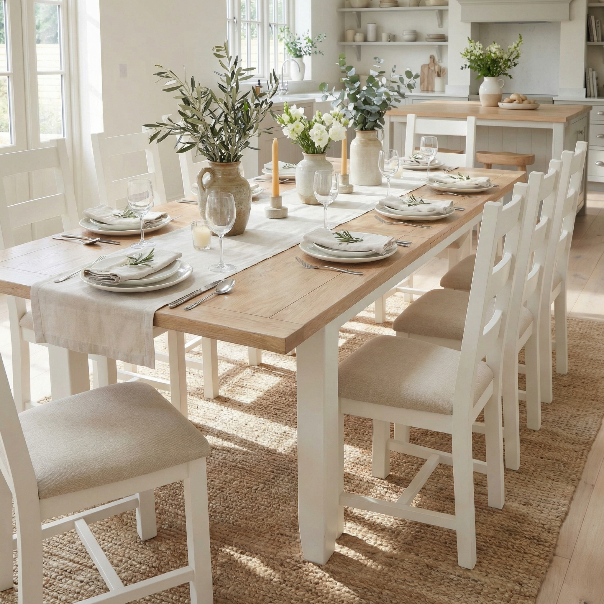 A sunlit dining room features the Burford 8 Seat Extending Dining Set in Warm White, set for six and accented with white dishes and green foliage.