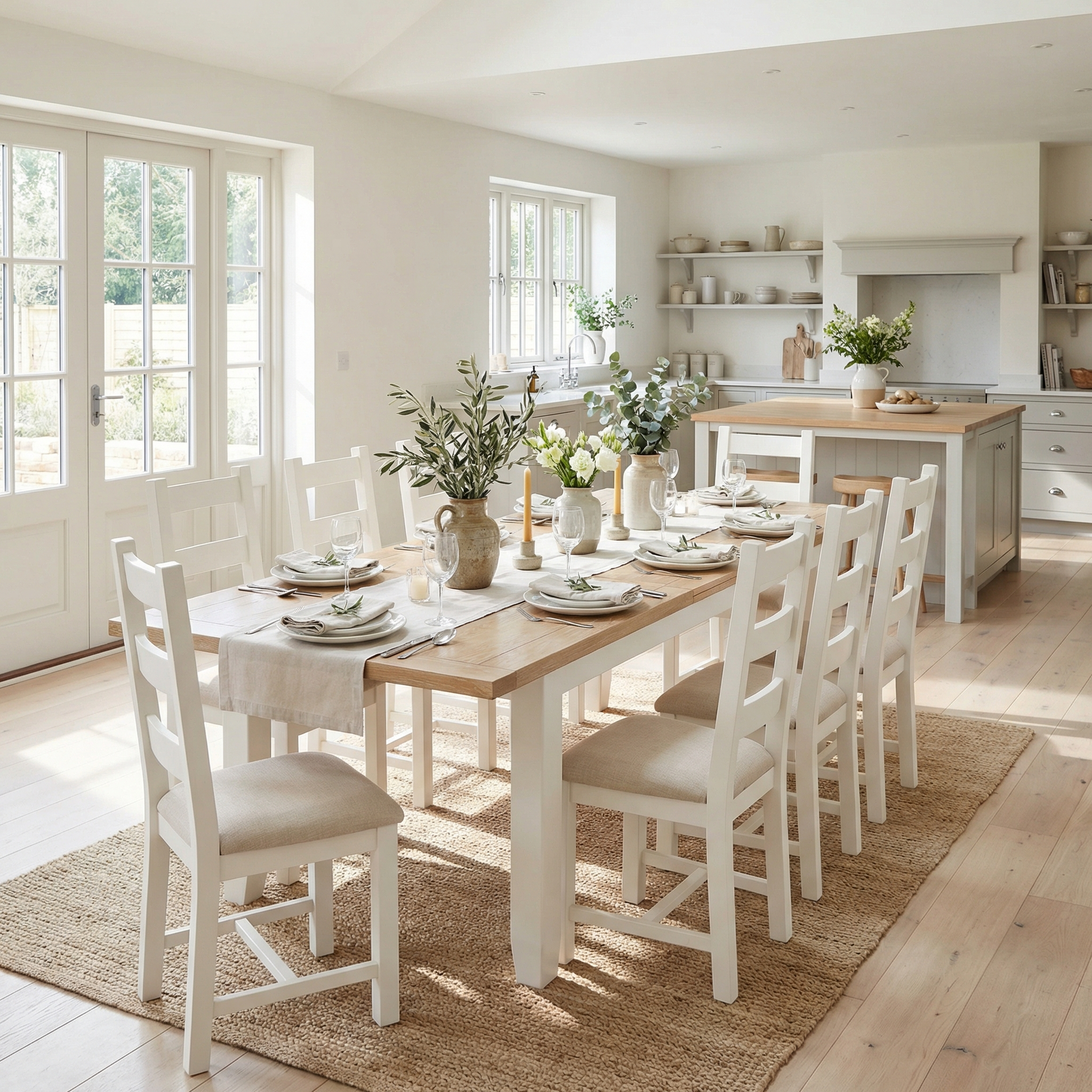 The Burford 8 Seat Extending Dining Set in Warm White brings a fresh, inviting feel to your dining space—a perfect choice for gatherings.