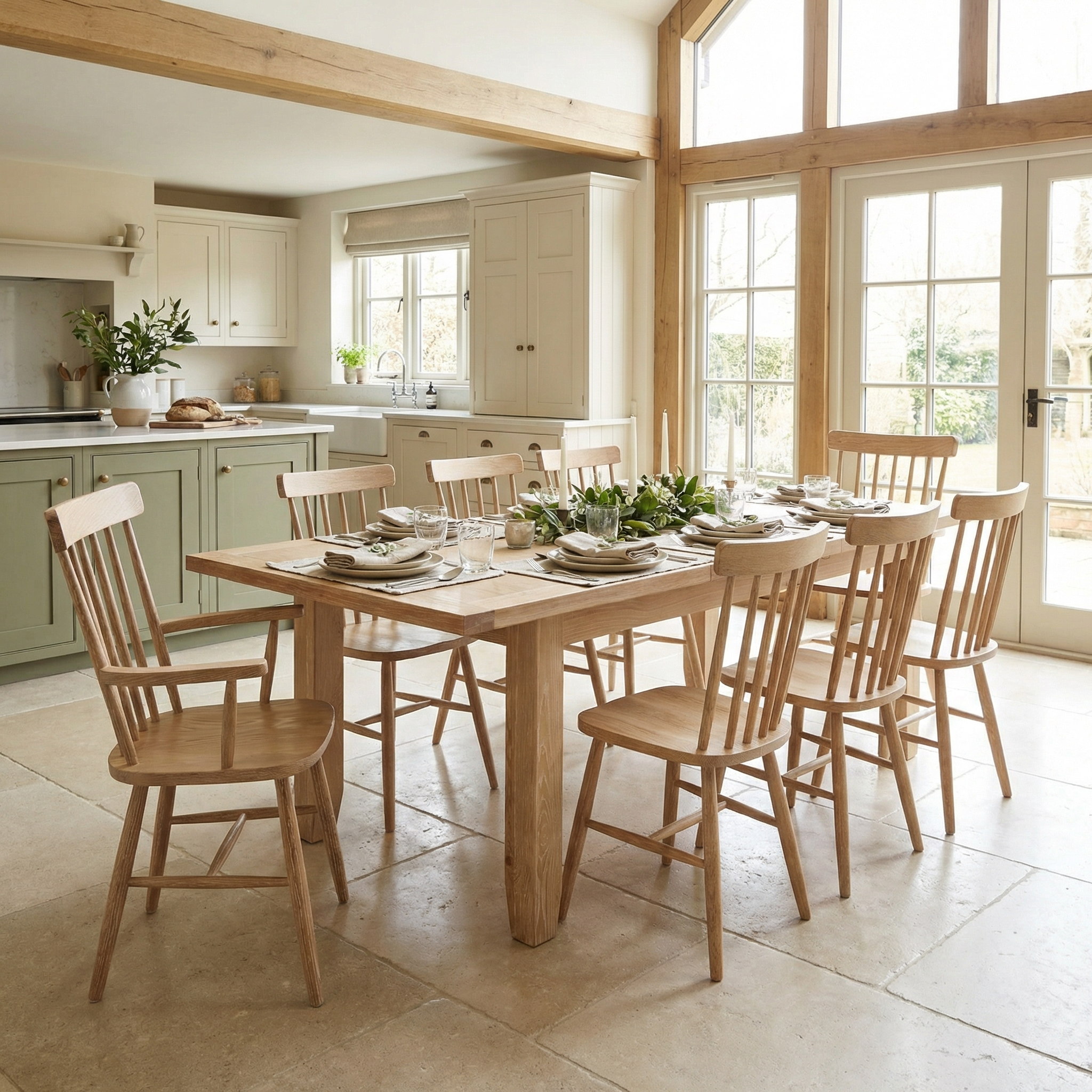 A bright kitchen featuring the Burford 8 Seat Extending Dining Set with Spindleback Dining and Armchairs in Natural Oak, illuminated by large windows.