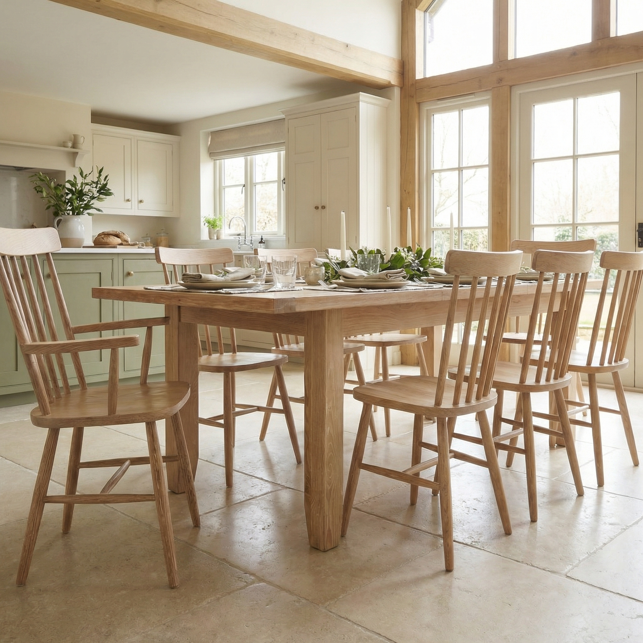 Bright kitchen showcasing the Burford 8 Seat Extending Dining Set with Spindleback Dining and Armchairs in Natural Oak, set for six and accented by a lush greenery centerpiece.