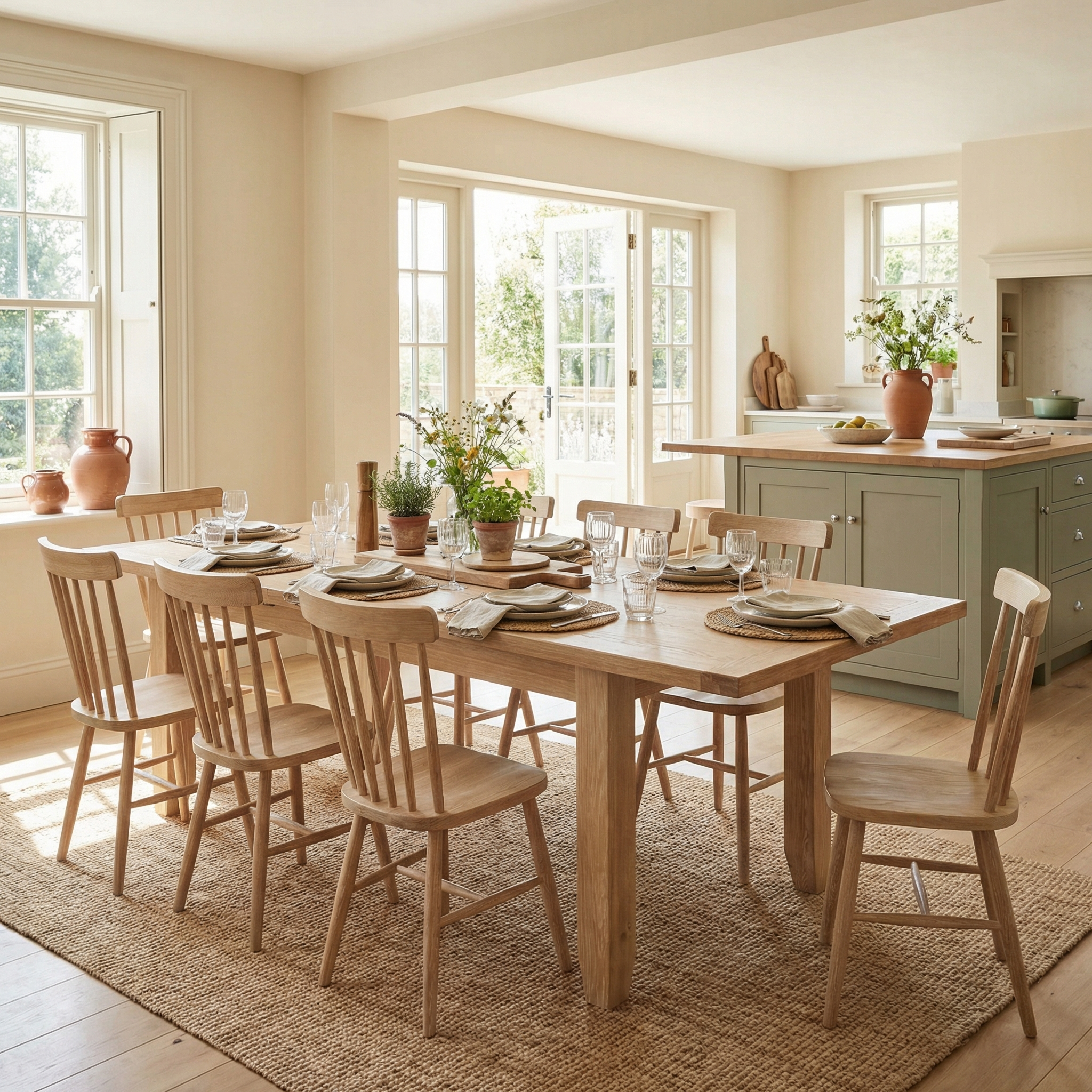A sunlit dining room features the Burford 8 Seat Extending Dining Set with Spindleback Dining Chairs in Natural Oak near large windows and rustic table settings.