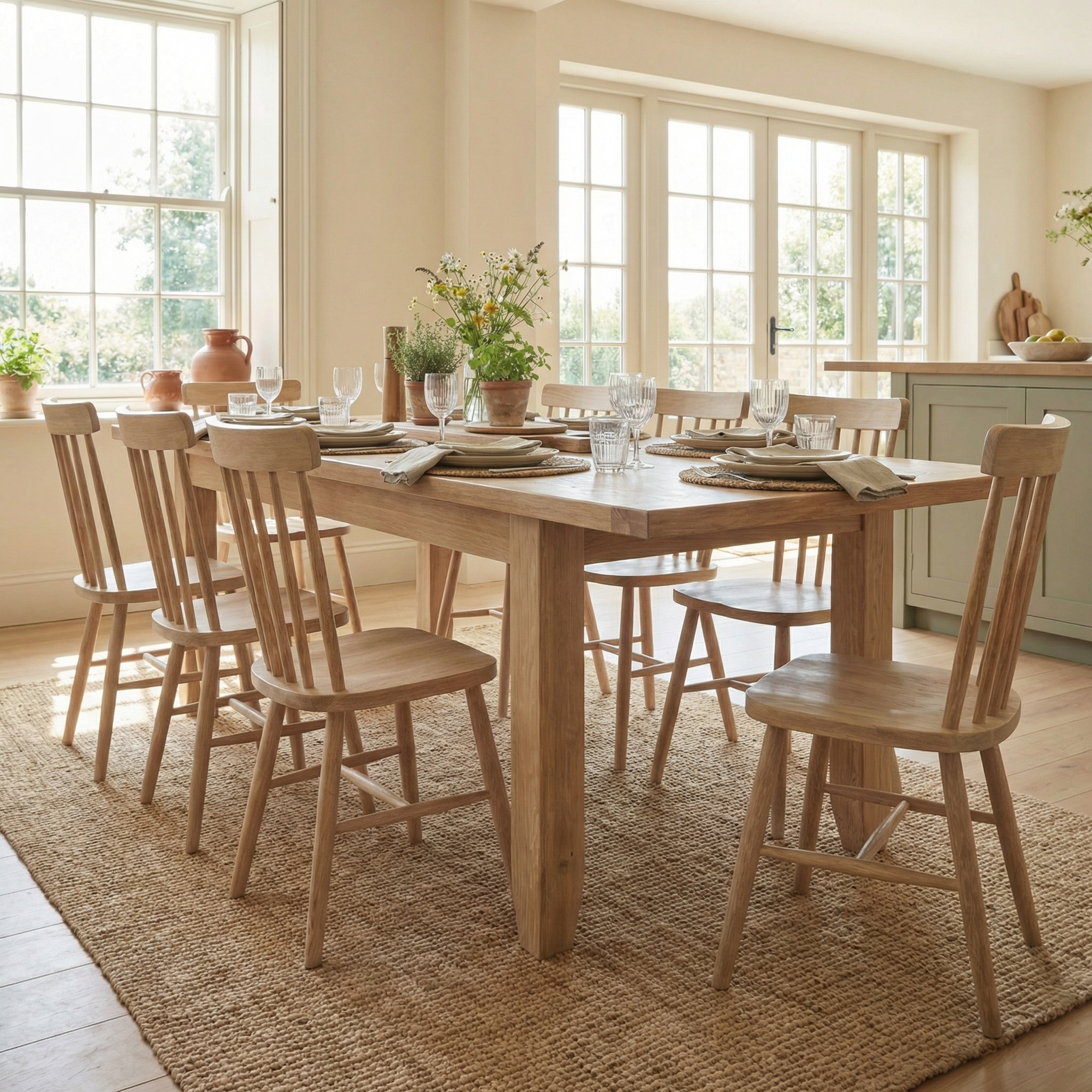 A sunlit dining room featuring the Burford 8 Seat Extending Dining Set with Spindleback Dining Chairs in Natural Oak, styled with place settings and vases of flowers.