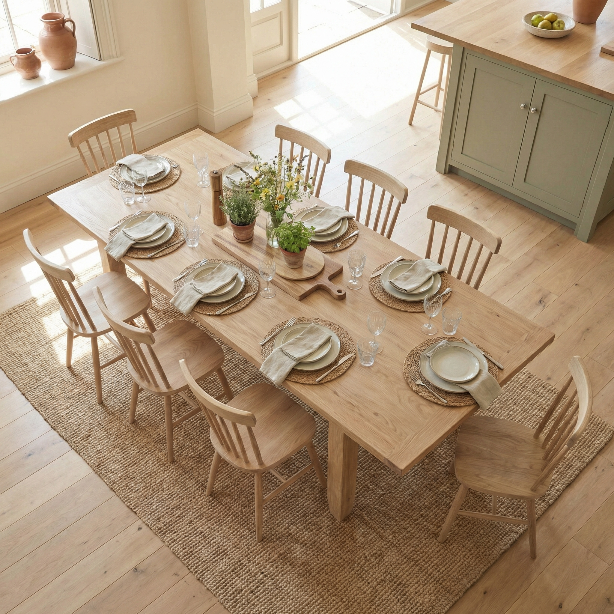 The Burford 8 Seat Extending Dining Set with Spindleback Dining Chair in Natural Oak, styled with neutral linens, glassware, and potted plants, sits in a bright room.