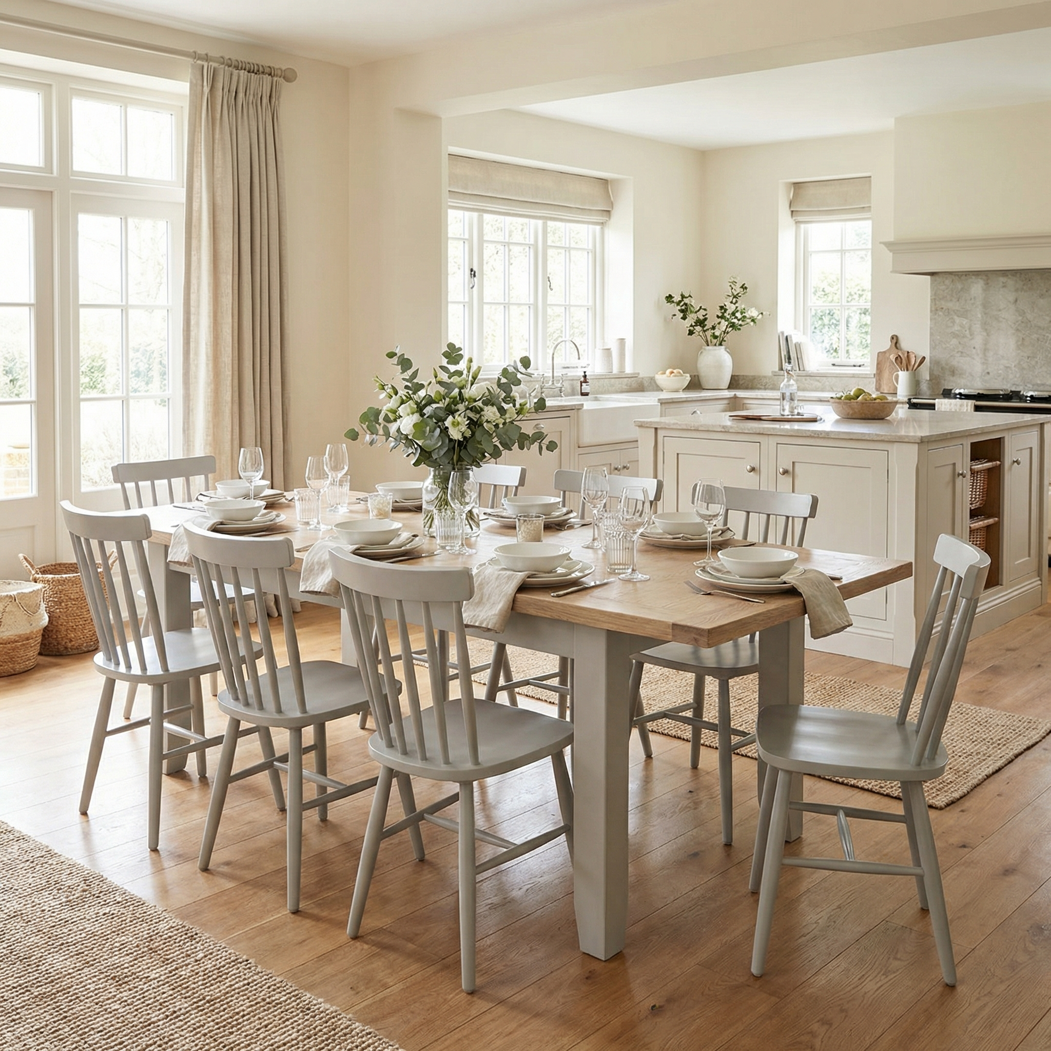 Bright dining room with the Burford 8 Seat Extending Dining Set and Pebble Grey Spindleback Dining Chairs, set for a meal and filled with natural light.