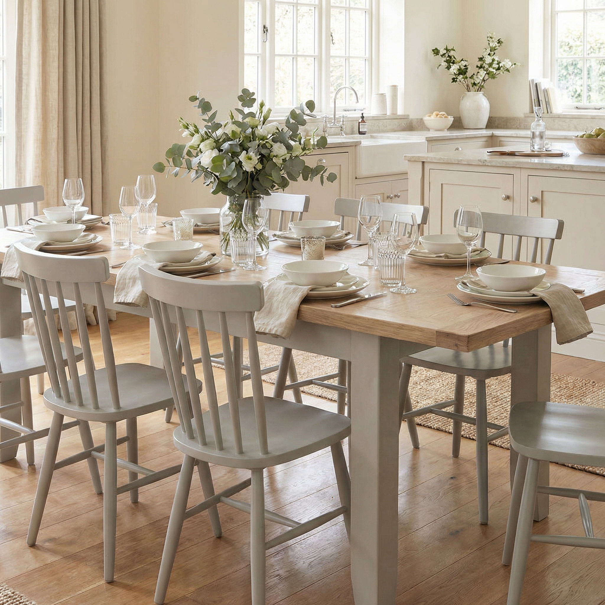 Bright kitchen featuring the Burford 8 Seat Extending Dining Set with Pebble Grey Spindleback Chairs and a floral centerpiece.