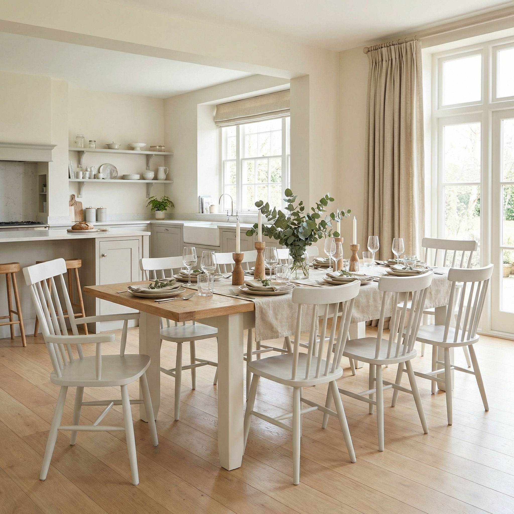 A bright, airy dining room featuring a Burford 8 Seat Extending Dining Set with Spindleback Dining and Armchairs in Warm White arranged around a spacious table set for a meal.