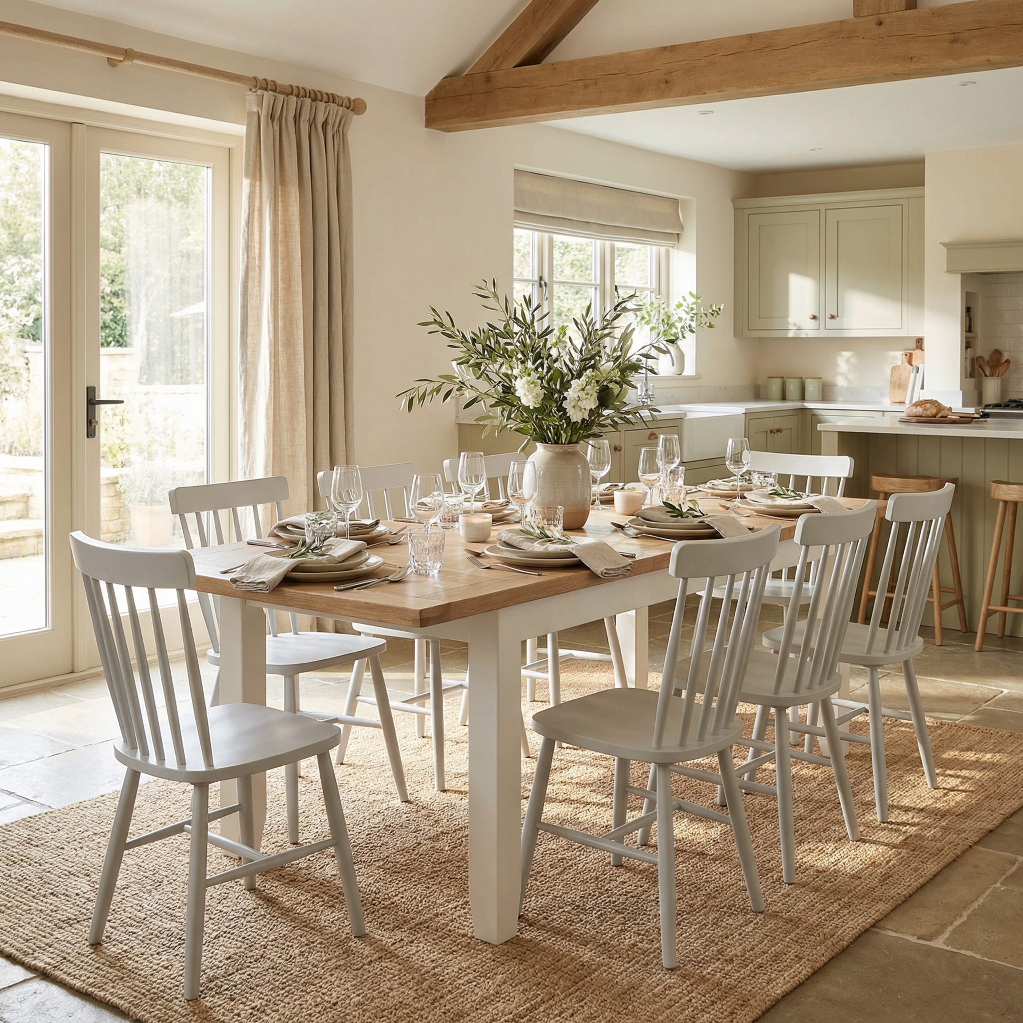Bright dining room featuring the Burford 8 Seat Extending Dining Set with Spindleback Dining Chair in Warm White and a vase of greenery, adjacent to a modern kitchen.