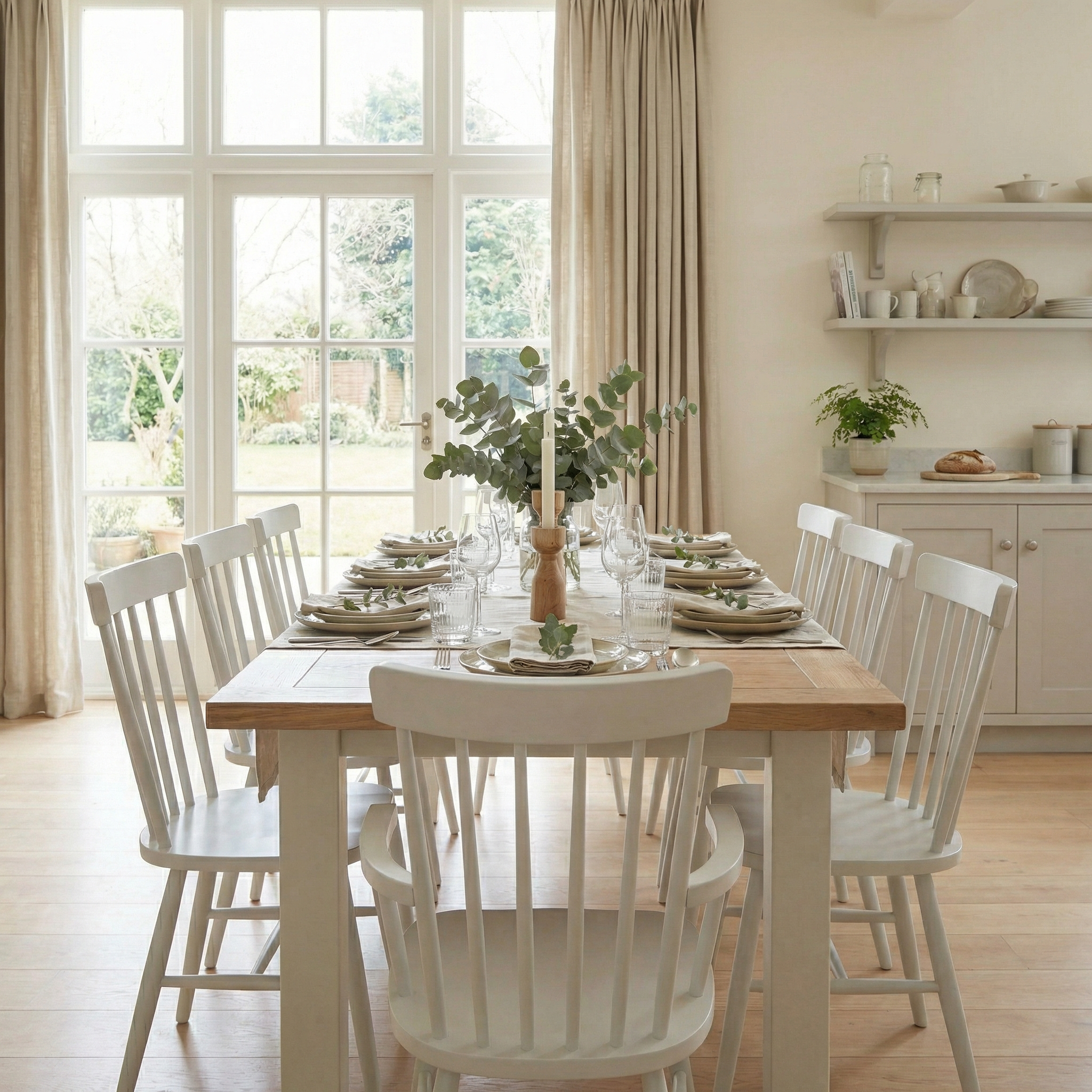 A bright dining room features the Burford 8 Seat Extending Dining Set with Spindleback Dining and Armchairs in Warm White, set near large windows overlooking a garden.