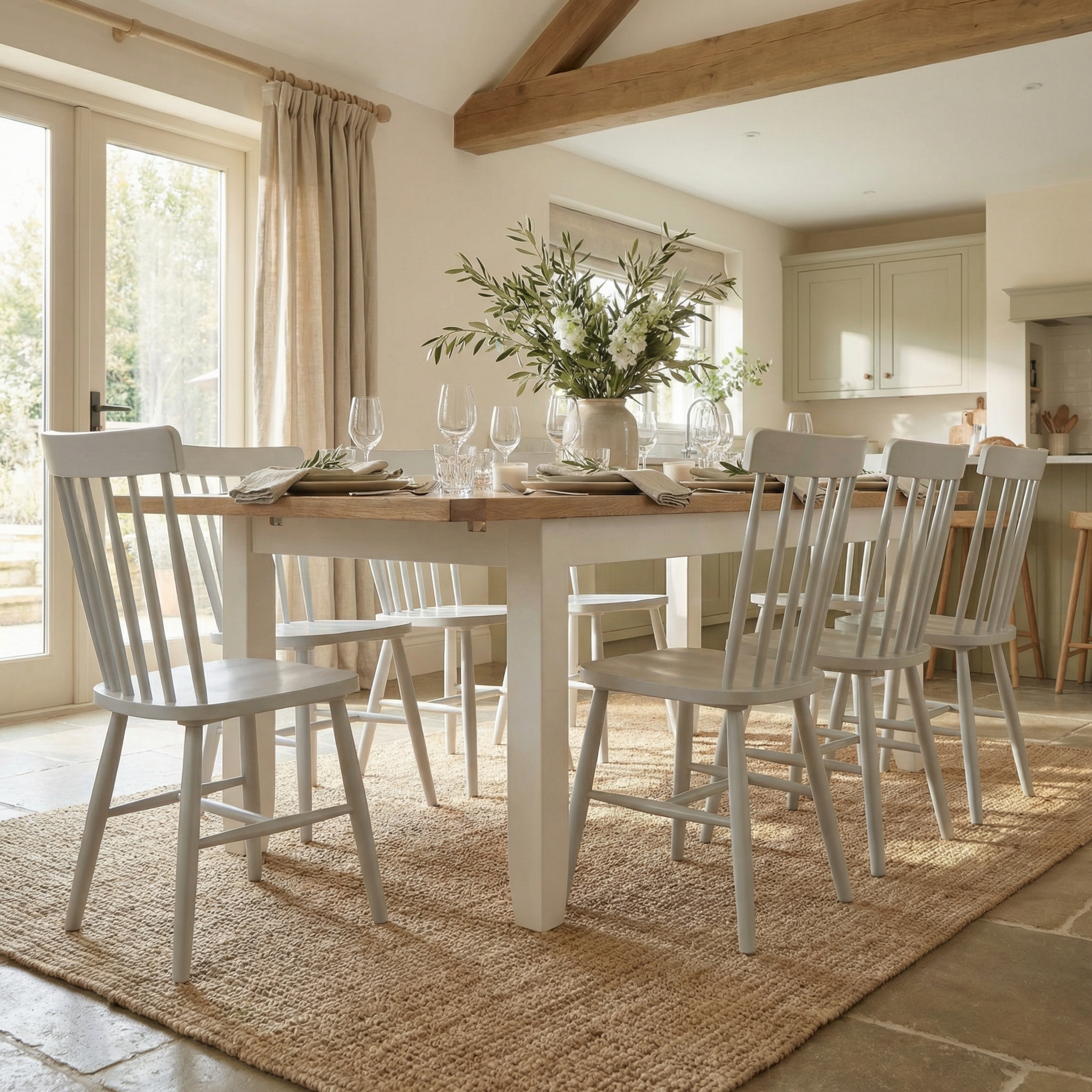 Bright dining room featuring the Burford 8 Seat Extending Dining Set with Spindleback Dining Chair in Warm White, elegant place settings, and a vase of greenery on a rug.