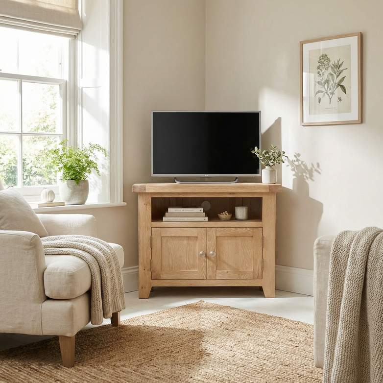A cozy living room corner features a Burford Corner Media Unit in Natural Oak with a TV on top, an inviting armchair, lush plants, and neutral decor.