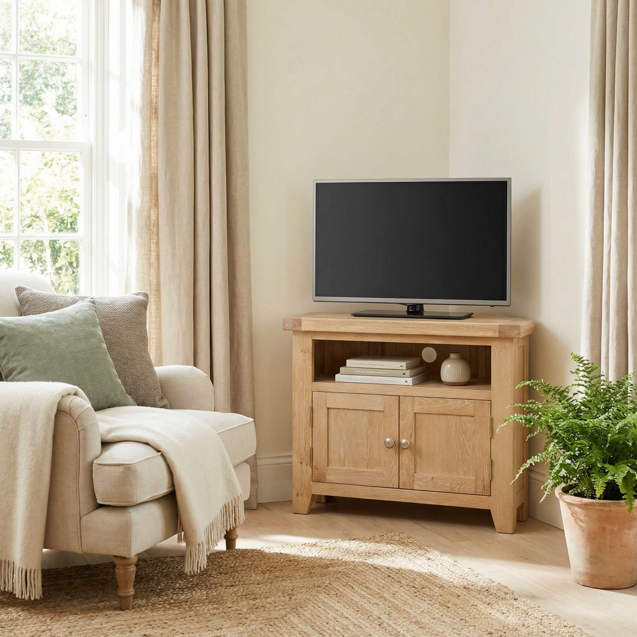 Bright living room with a beige armchair, a Burford Corner Media Unit in Natural Oak as a stylish TV stand, and a green potted plant in the corner.