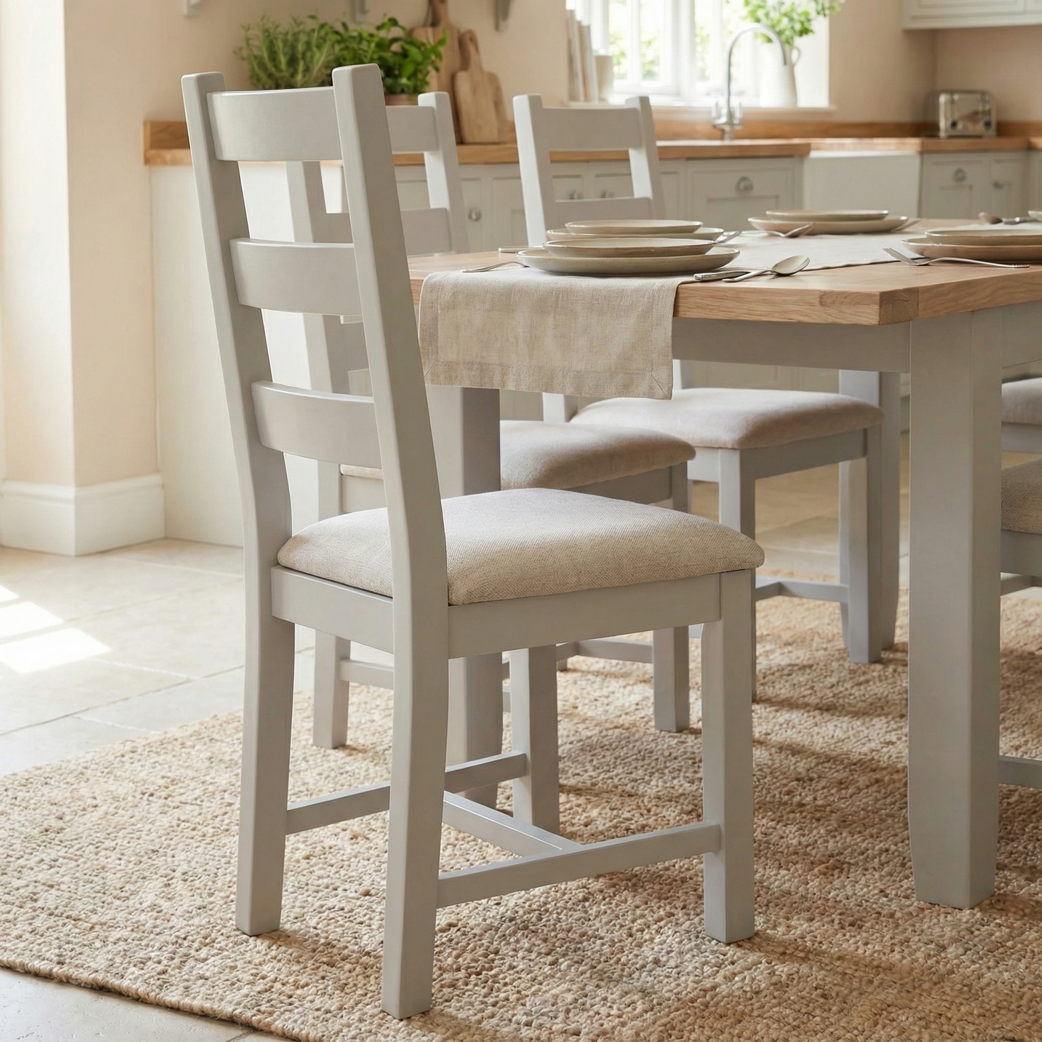 The Burford Set of 2 Ladderback Dining Chairs with Fabric Seat in Pebble Grey, paired with a matching table and beige placemats, brings a bright, modern touch to the kitchen.
