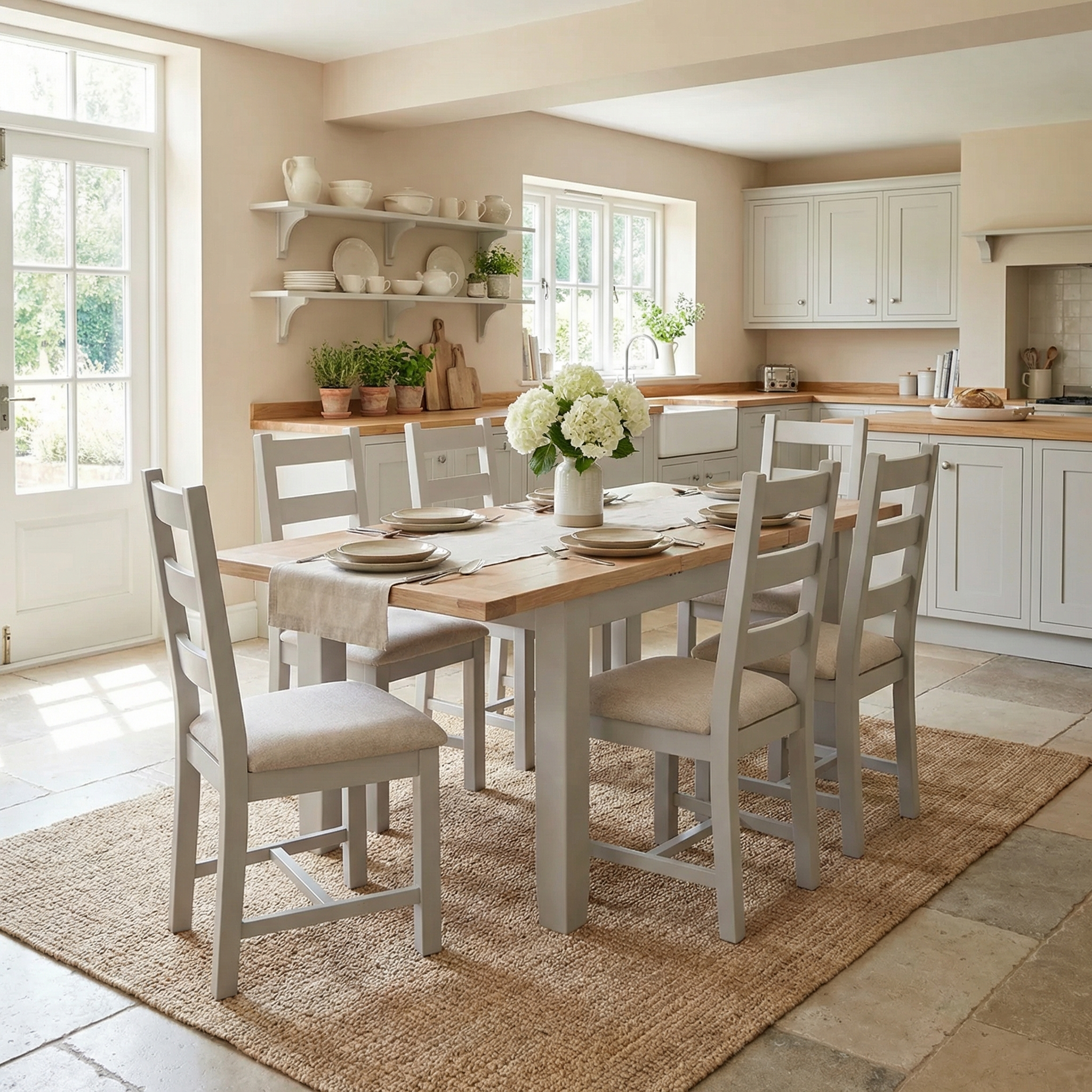 Bright kitchen featuring a wooden dining table, three sets of Burford Ladderback Dining Chairs with fabric seats in Pebble Grey, and white flowers in a vase on a woven rug.