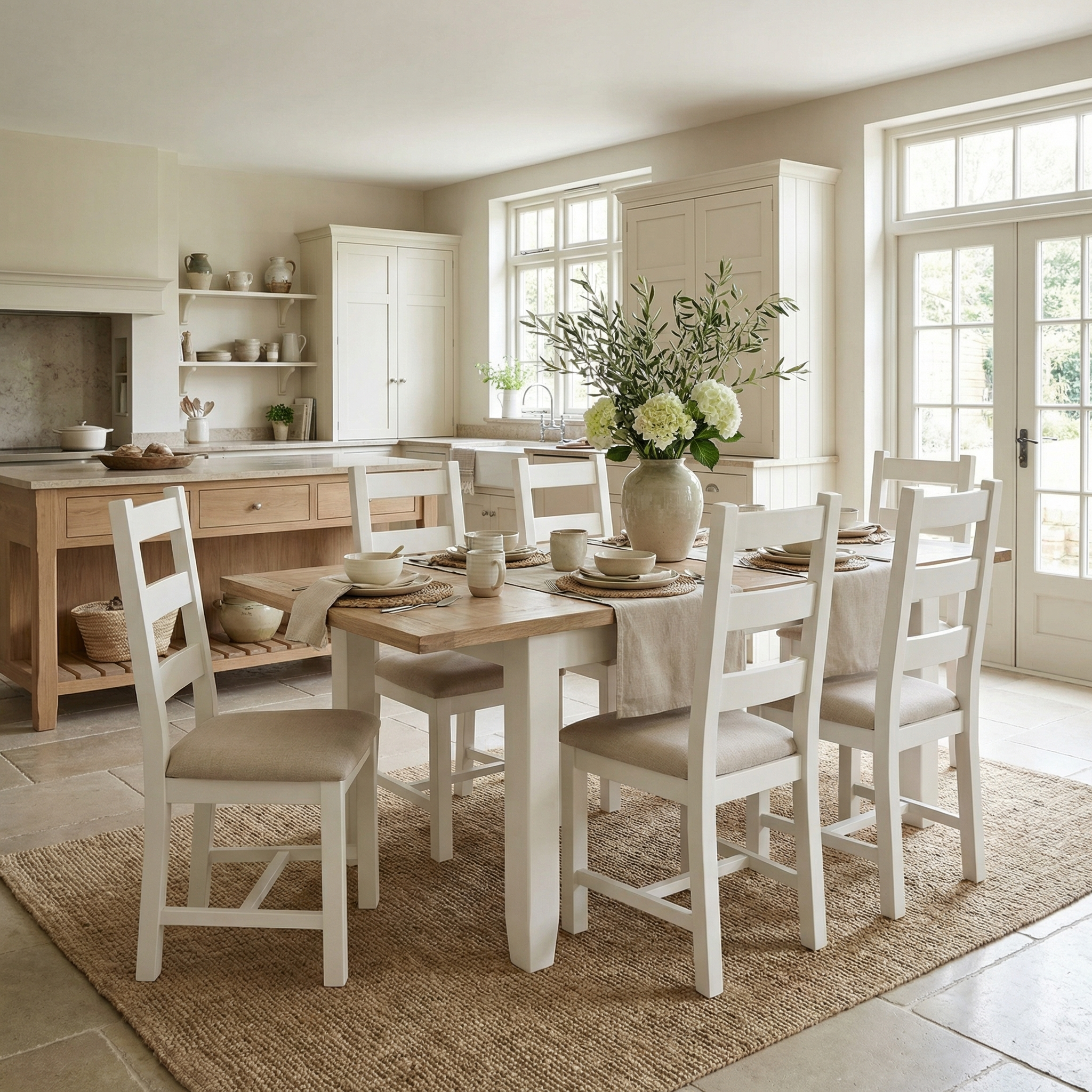 Bright, airy kitchen with a wooden dining table, three sets of Burford Ladderback Dining Chairs with fabric seats in warm white (six chairs total), and a vase of flowers on the table.