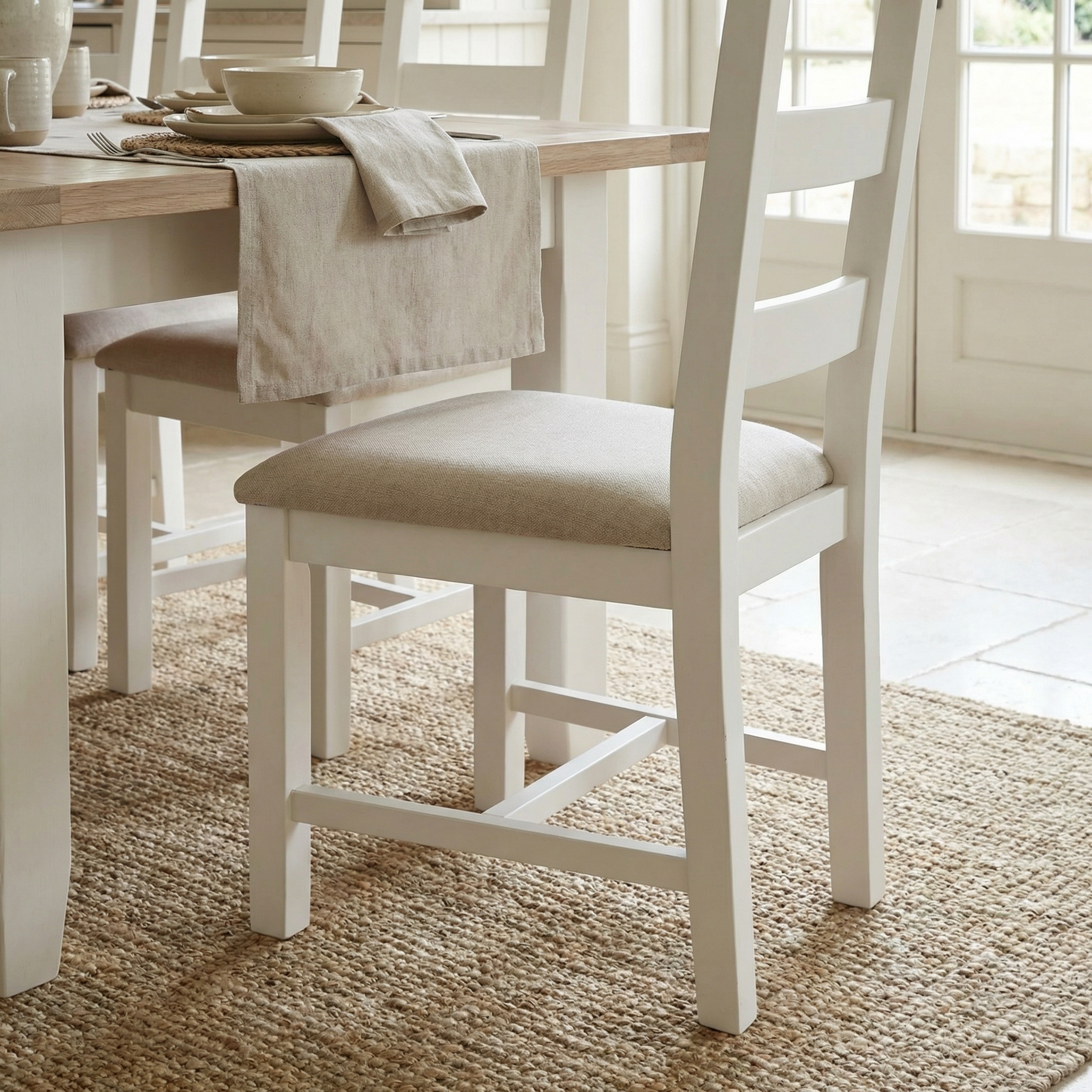 Burford Set of 2 Ladderback Dining Chairs with fabric seats in warm white arranged around a dining table with beige placemats atop a woven rug in a bright room.
